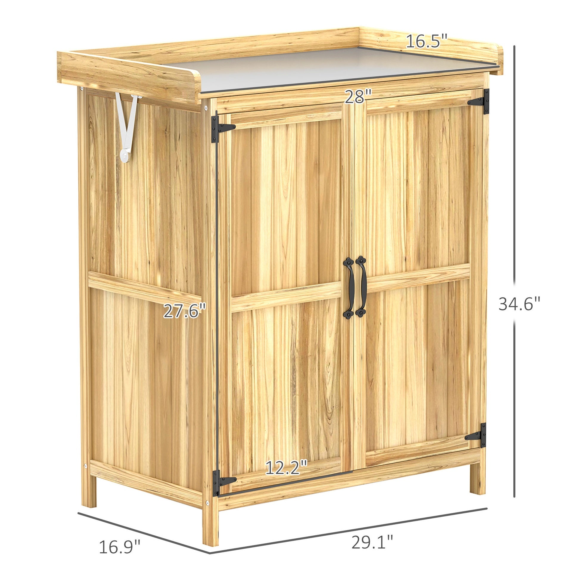 Garden Tool Shed,Wooden Potting Bench with 2 Doors,Outdoor Storage Cabinet,with Metal Tabletop and Shelf