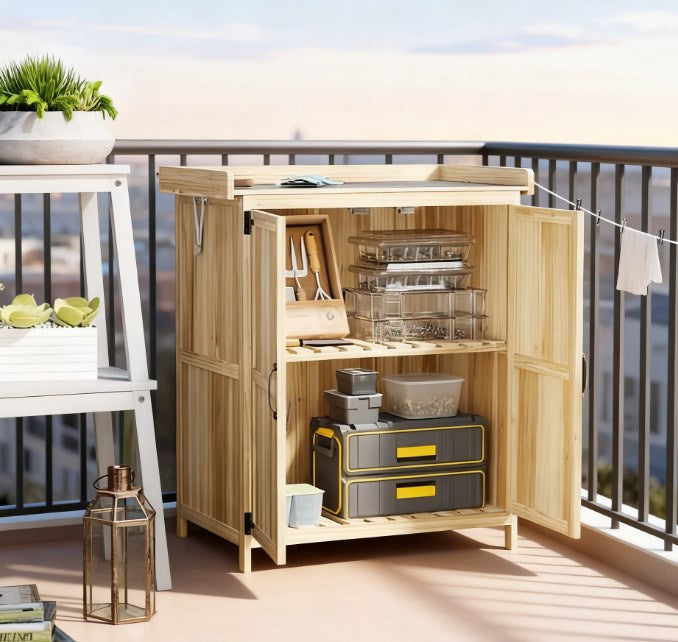Garden Tool Shed,Wooden Potting Bench with 2 Doors,Outdoor Storage Cabinet,with Metal Tabletop and Shelf