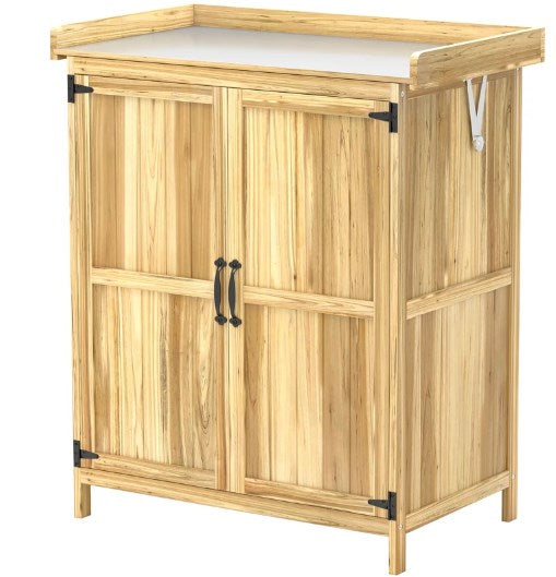 Garden Tool Shed,Wooden Potting Bench with 2 Doors,Outdoor Storage Cabinet,with Metal Tabletop and Shelf