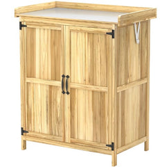 Garden Tool Shed,Wooden Potting Bench with 2 Doors,Outdoor Storage Cabinet,with Metal Tabletop and Shelf