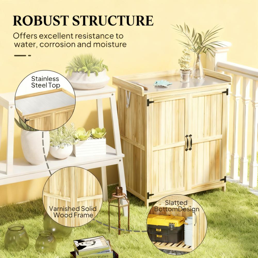 Garden Tool Shed,Wooden Potting Bench with 2 Doors,Outdoor Storage Cabinet,with Metal Tabletop and Shelf