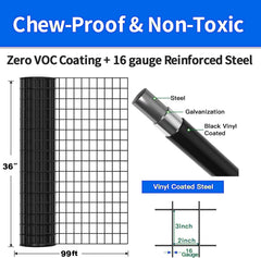 36 INCH × 99 FT black vinyl-coated metal mesh, 16 gauge 2/3 inch black PVC metal mesh, black welded wire mesh support, poultry cage protective fence