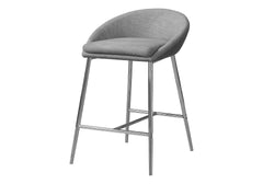 Bar Stool, Set Of 2, Counter Height, Kitchen, Chrome Metal, Grey Fabric, Contemporary, Modern