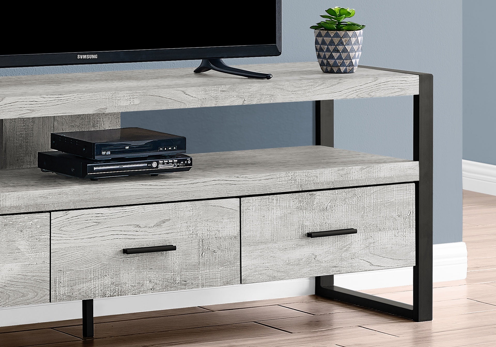 Tv Stand, 60 Inch, Console, Media Entertainment Center, Storage Drawers, Living Room, Bedroom, Grey Laminate, Black Metal, Contemporary, Modern