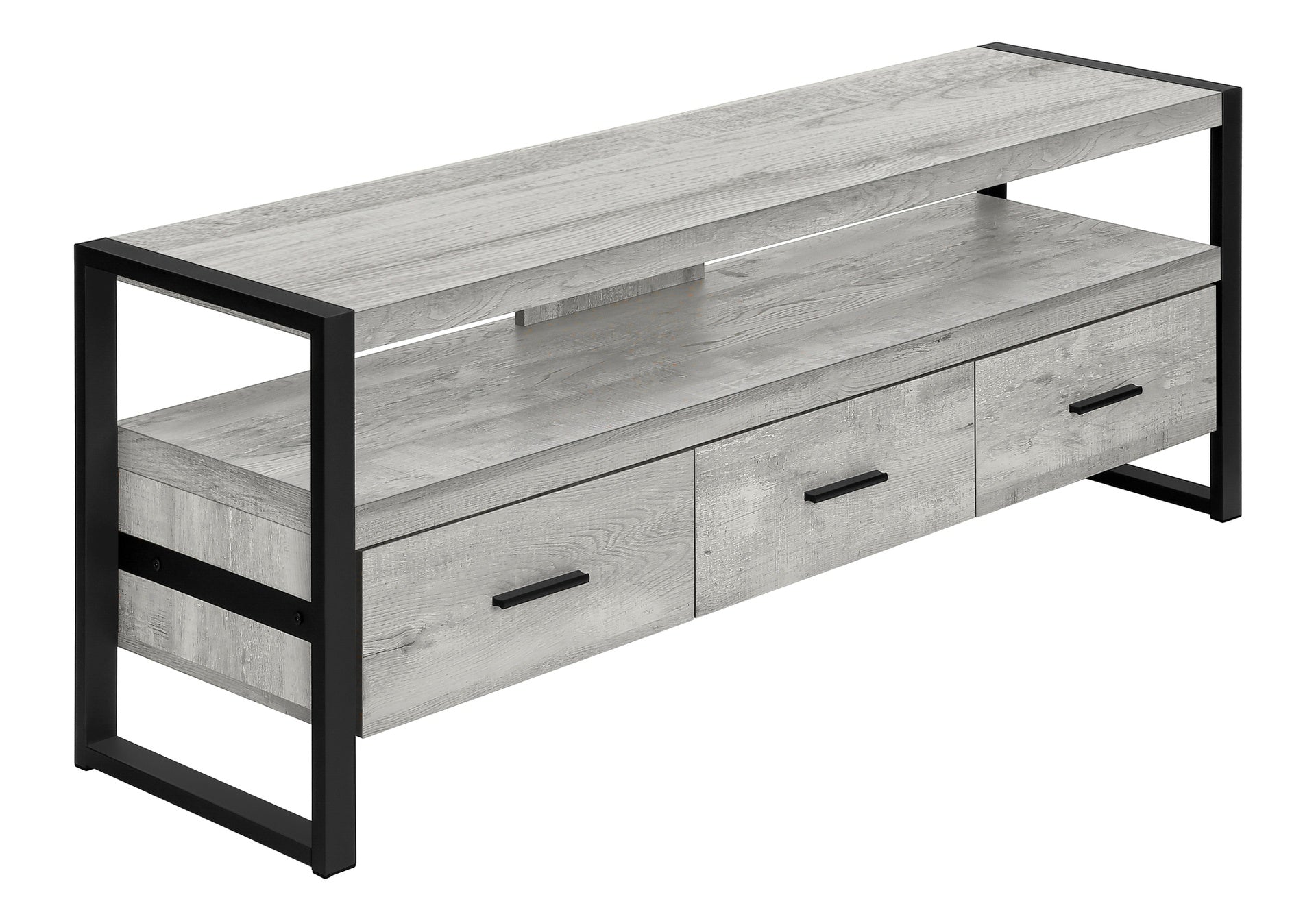 Tv Stand, 60 Inch, Console, Media Entertainment Center, Storage Drawers, Living Room, Bedroom, Grey Laminate, Black Metal, Contemporary, Modern