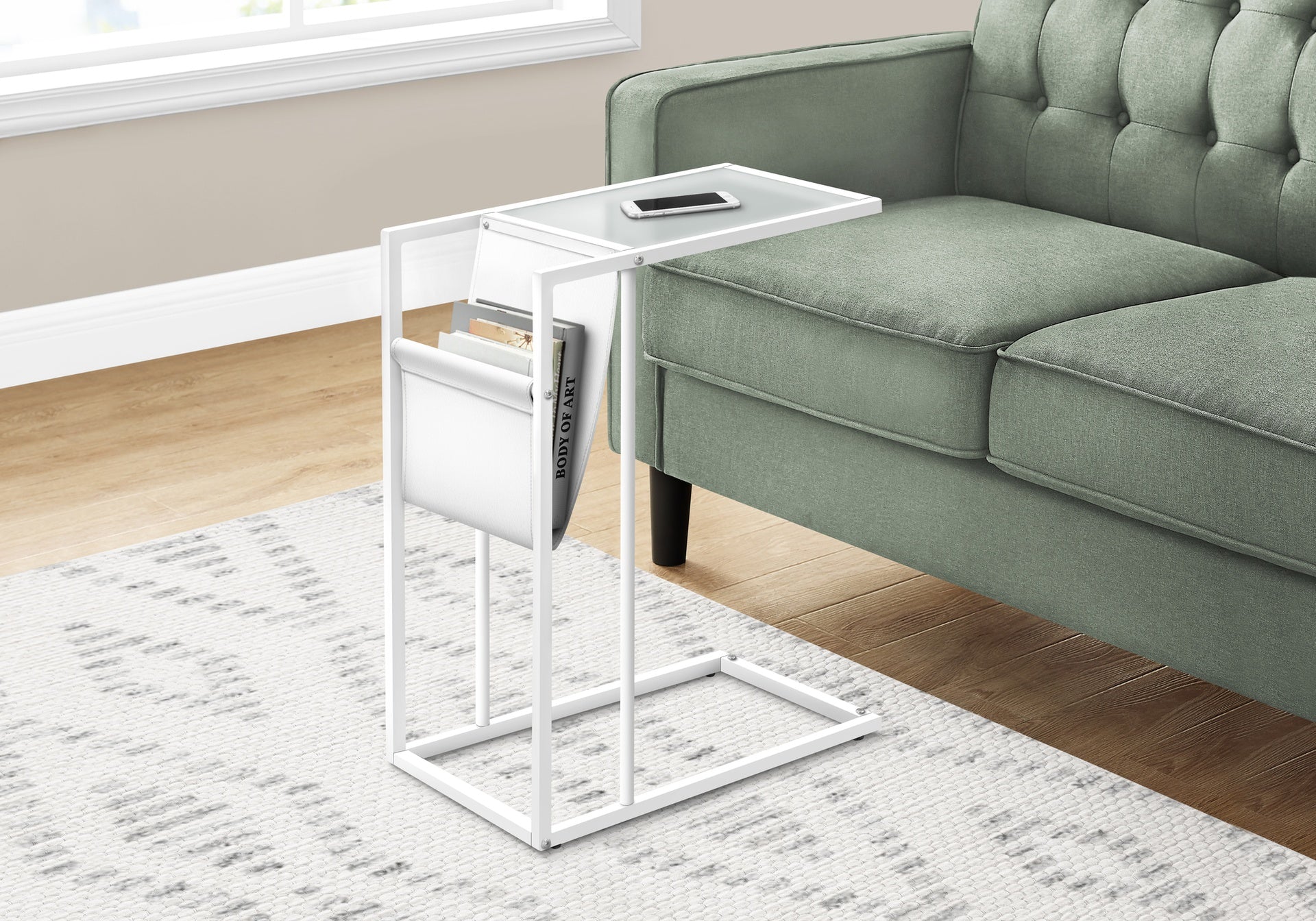 Accent Table, C-shaped, End, Side, Snack, Magazine Storage, Living Room, Bedroom, White Leather Look, White Metal, Contemporary, Modern