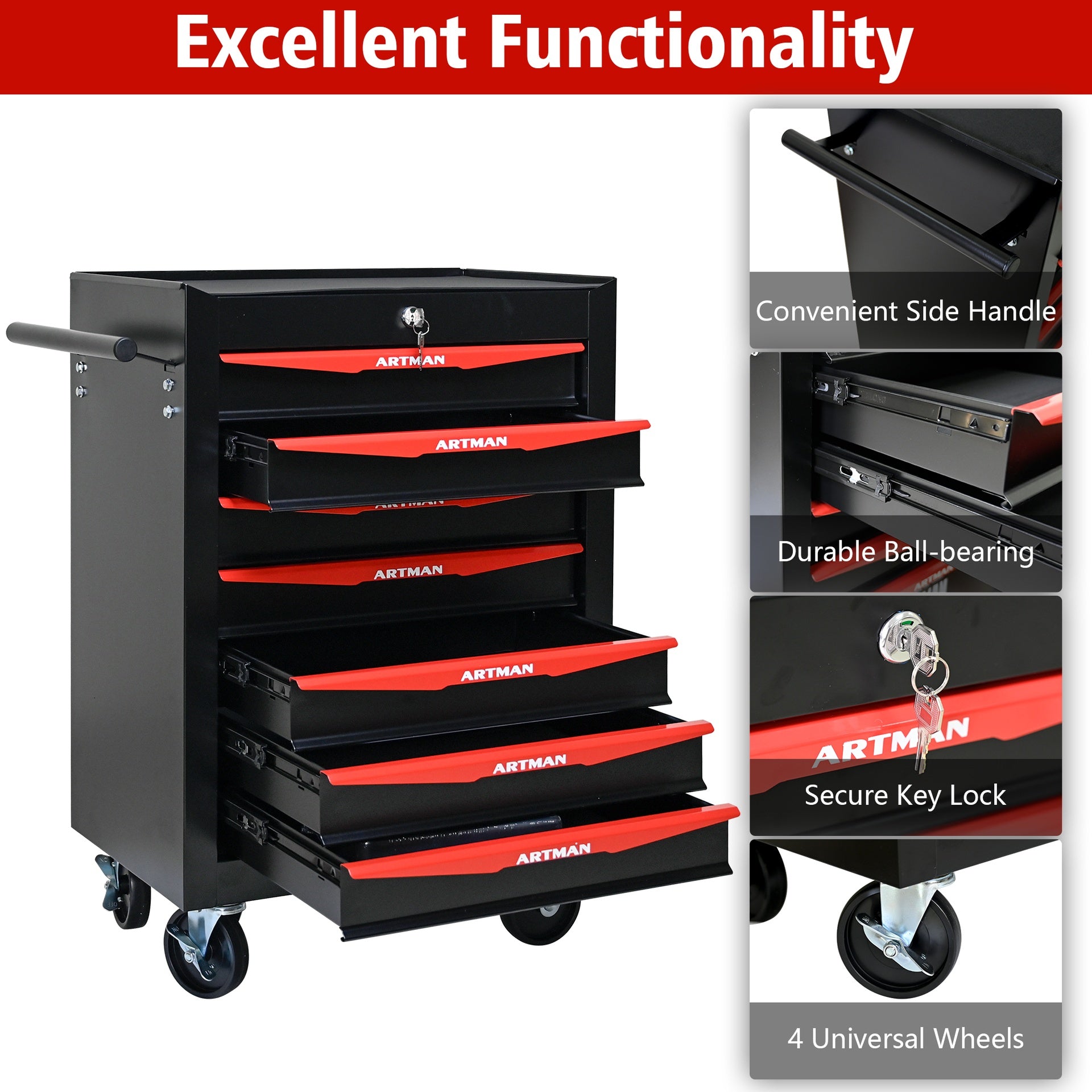 Rolling Metal Tool Chest with 7 Drawers, 20" 7-Drawer Tool Chest Cabinet with Ball Bearing Drawer Slides, Steel Tool Storage Box Organizer -BLACK&RED