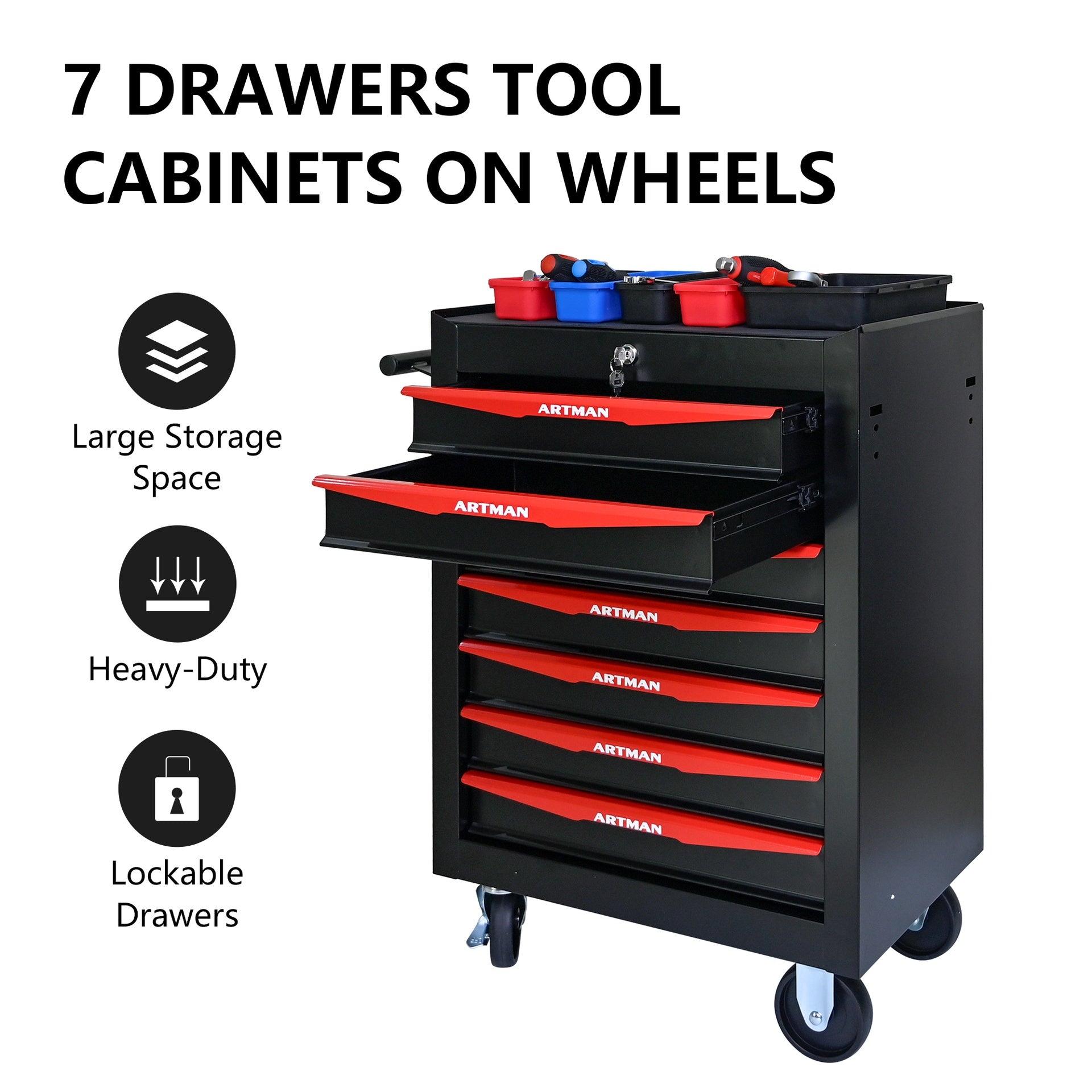Rolling Metal Tool Chest with 7 Drawers, 20" 7-Drawer Tool Chest Cabinet with Ball Bearing Drawer Slides, Steel Tool Storage Box Organizer -BLACK&RED