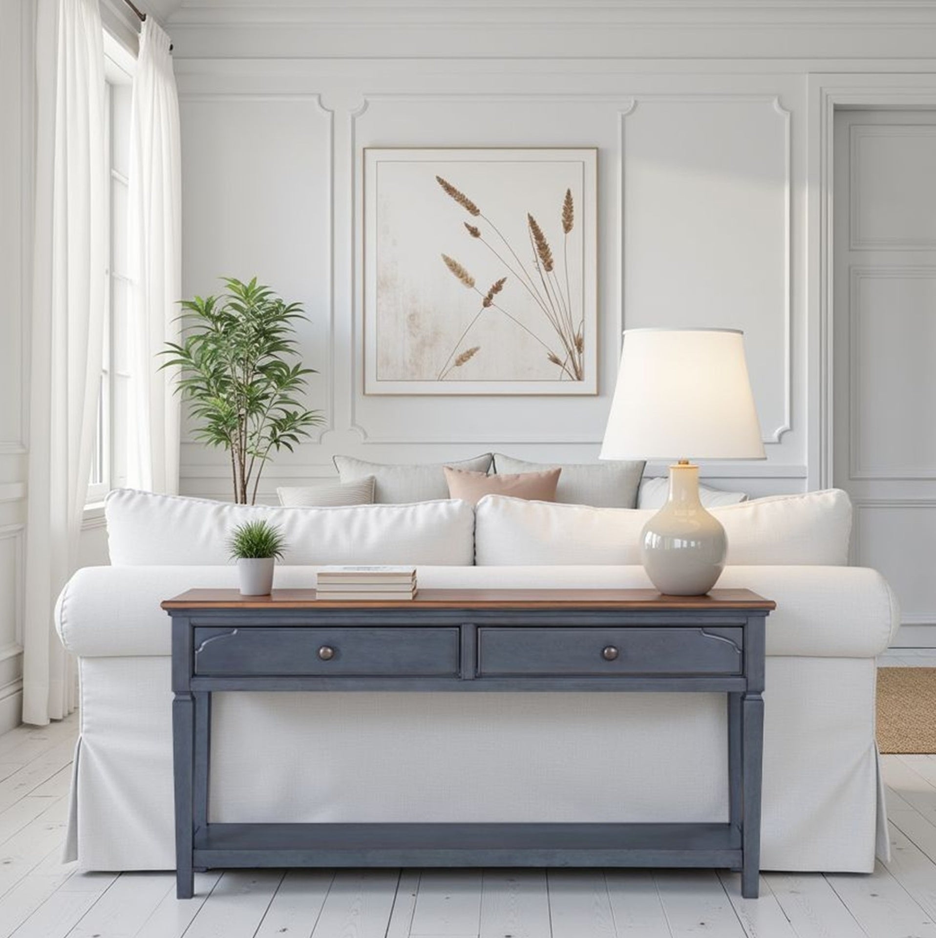 60 inch Sofa Table, Corduroy Blue Finish, Minimal Assembly Required