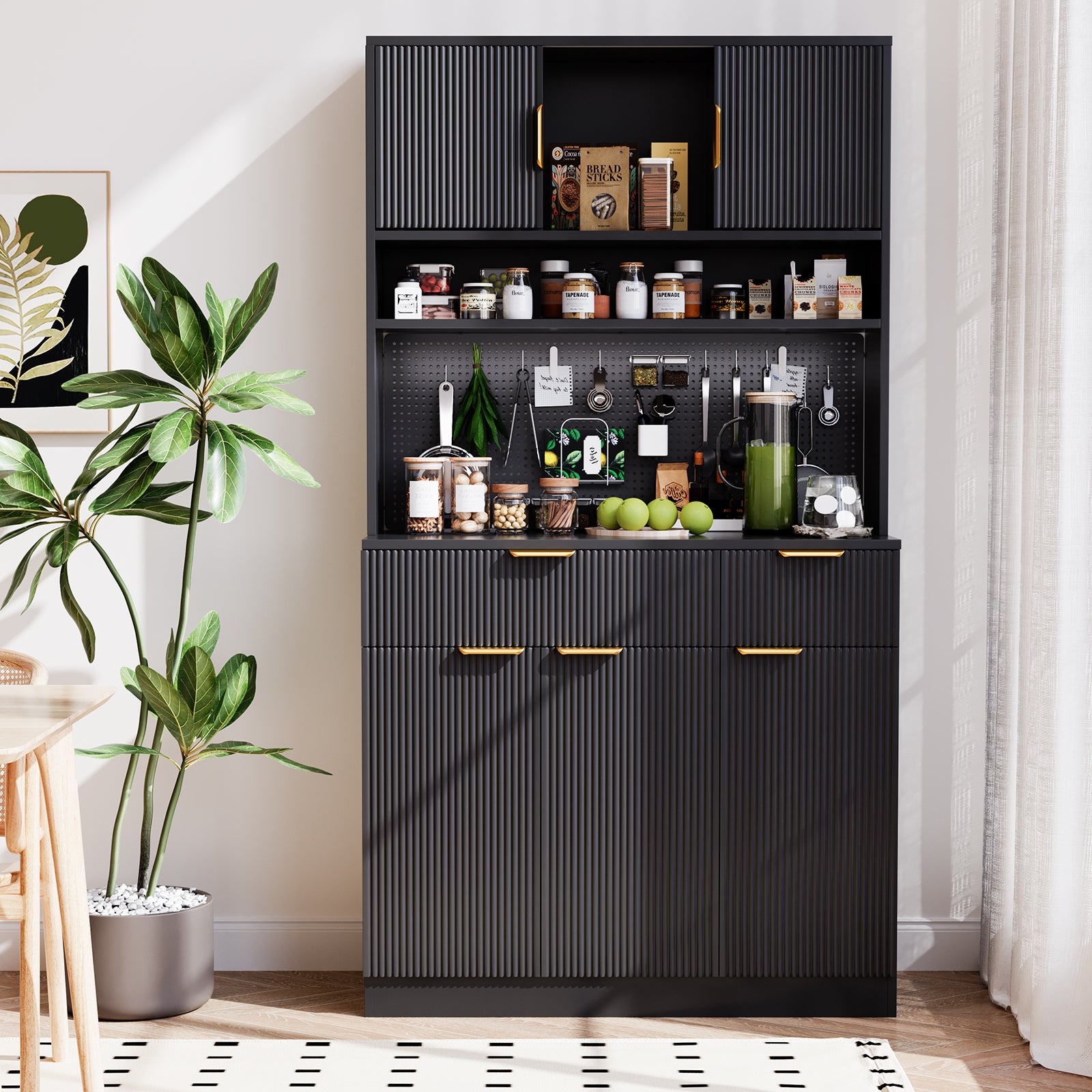 Pantry Cabinet for Living Room, 73" Wooden Fluted Kitchen Microwave Stand Hutch with Storage, Charging Station and DIY Pegboard, Black