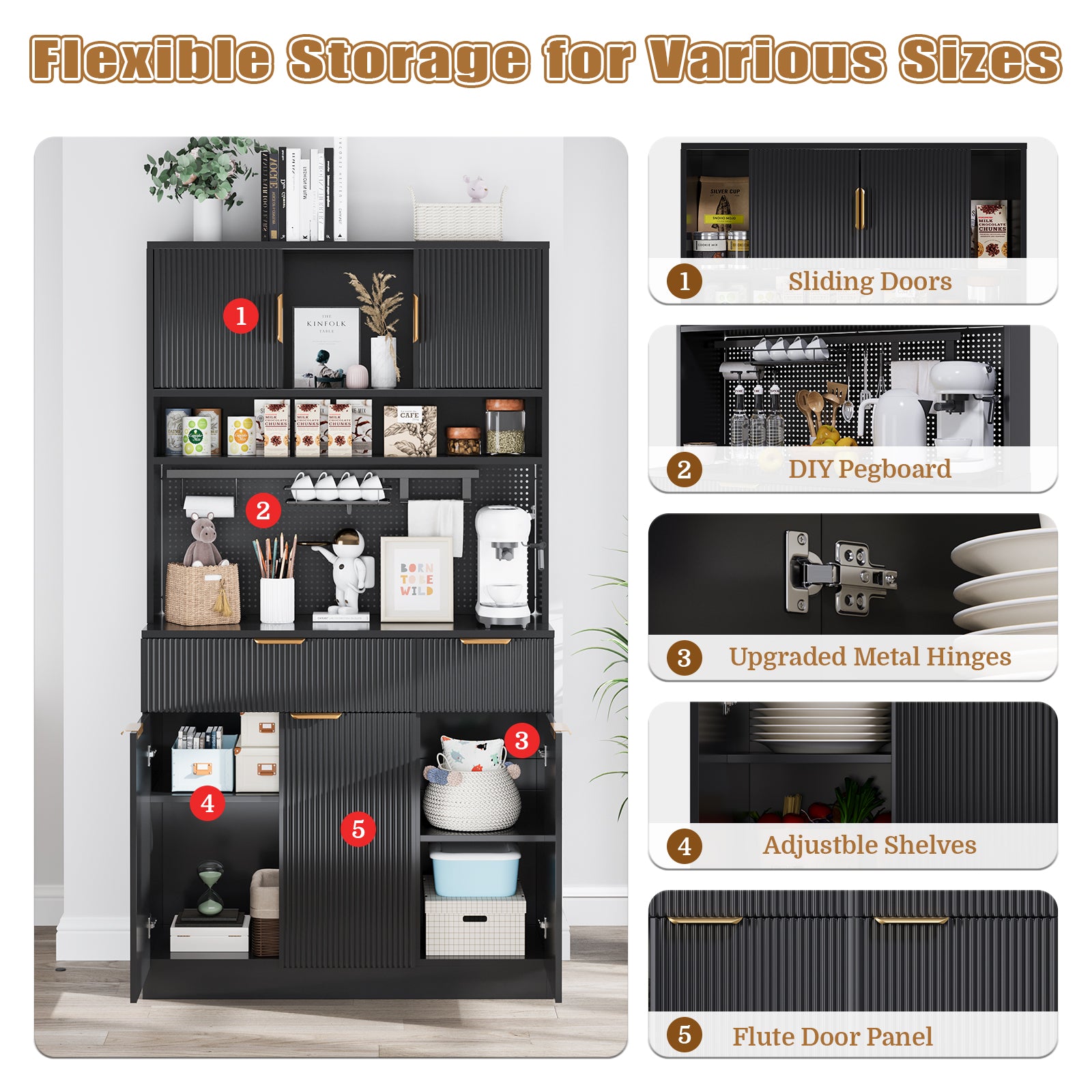 Pantry Cabinet for Living Room, 73" Wooden Fluted Kitchen Microwave Stand Hutch with Storage, Charging Station and DIY Pegboard, Black