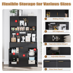Pantry Cabinet for Living Room, 73" Wooden Fluted Kitchen Microwave Stand Hutch with Storage, Charging Station and DIY Pegboard, Black