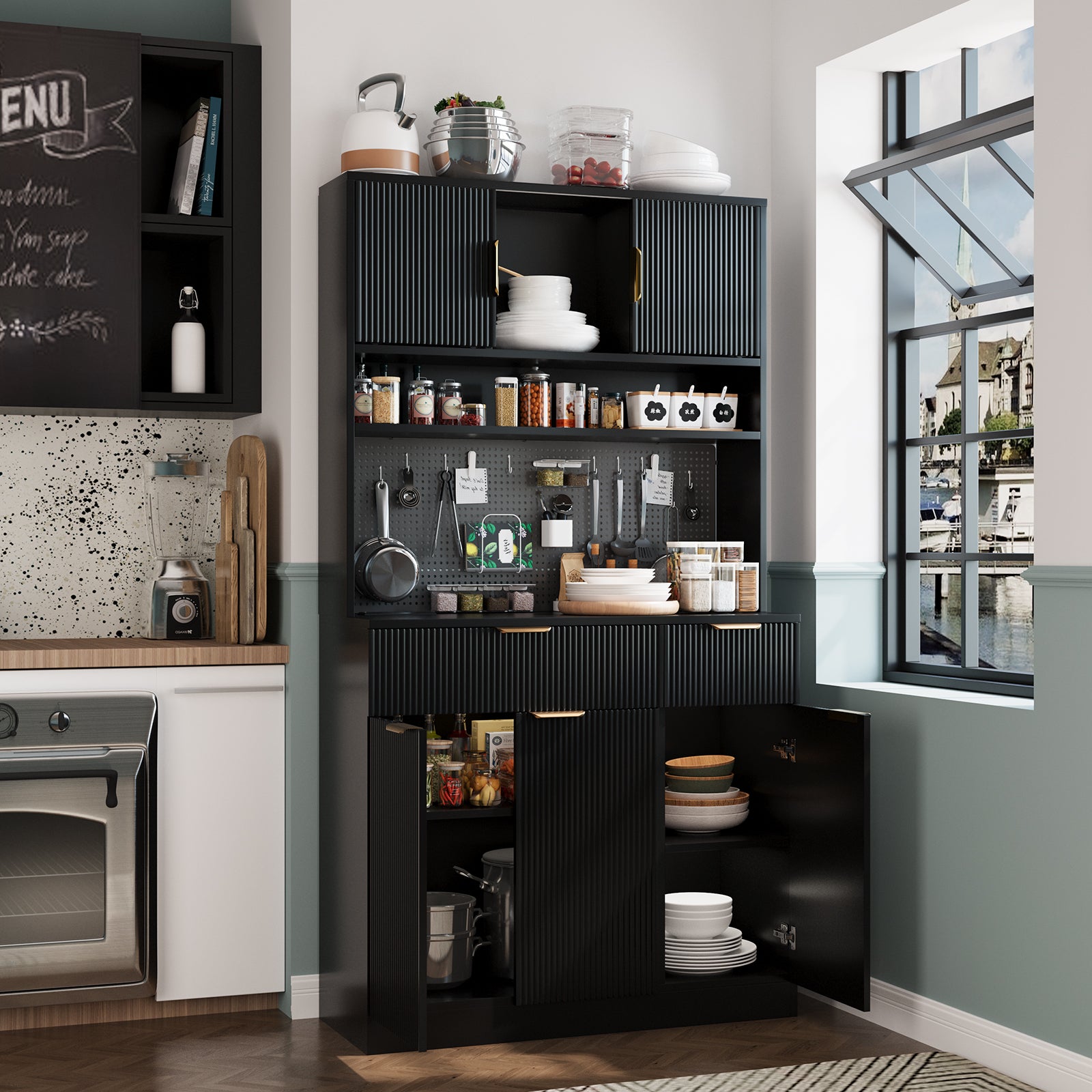 Pantry Cabinet for Living Room, 73" Wooden Fluted Kitchen Microwave Stand Hutch with Storage, Charging Station and DIY Pegboard, Black