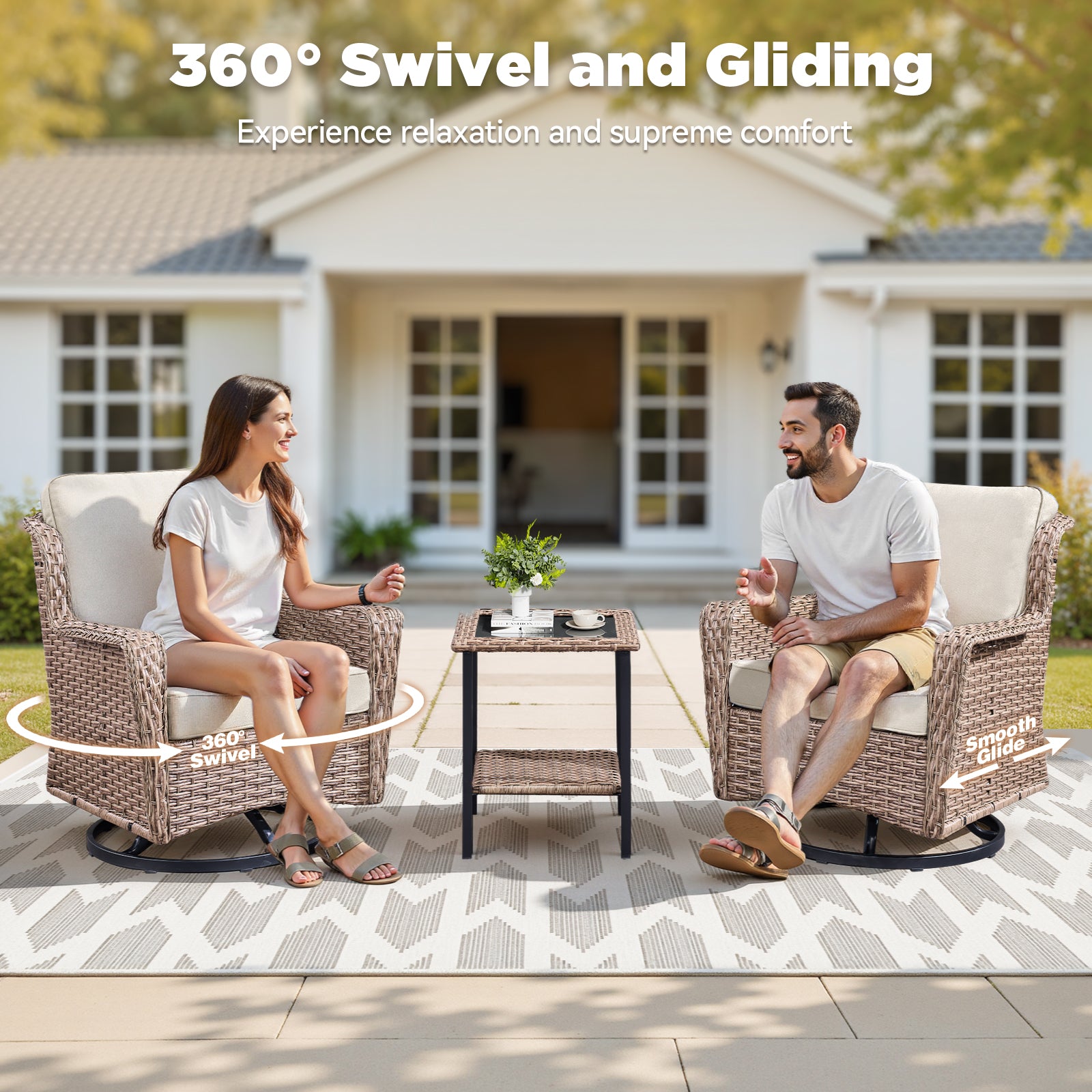 2 - Person Outdoor Wicker Swivel Rocker Seating Group with Side Table and Cushions