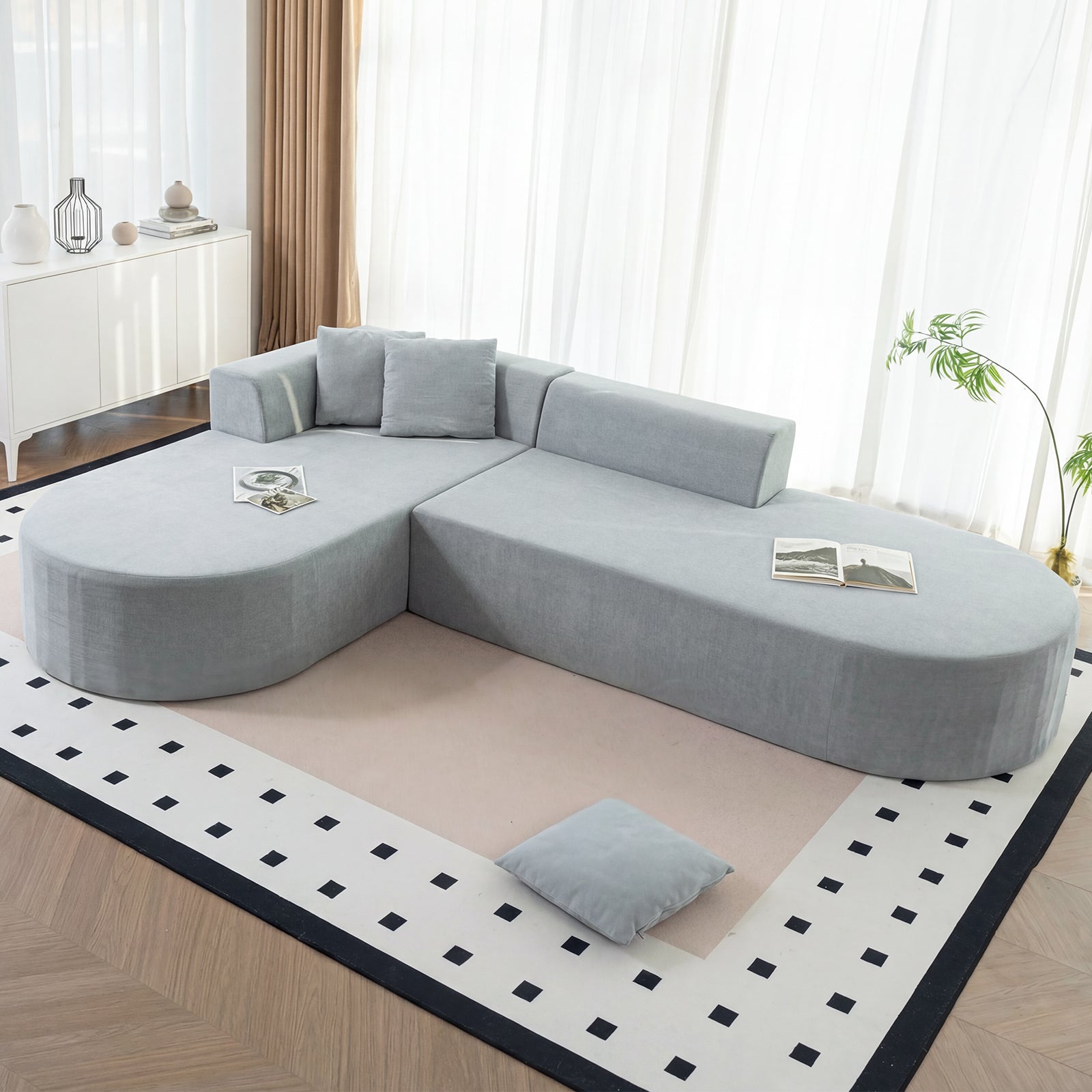 L-Shaped Modular Sectional Sofa, Corduroy Armless Couch with Deep Seats and Movable Ottoman, Comfortable Cloud Sofa for Living Room or Bedroom, No Assembly Required (4-Seater, grey)