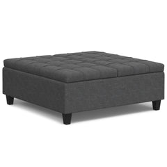 Harrison 40 inch Wide Large Square Coffee Table Storage Ottoman in Slate Grey Linen Look Fabric