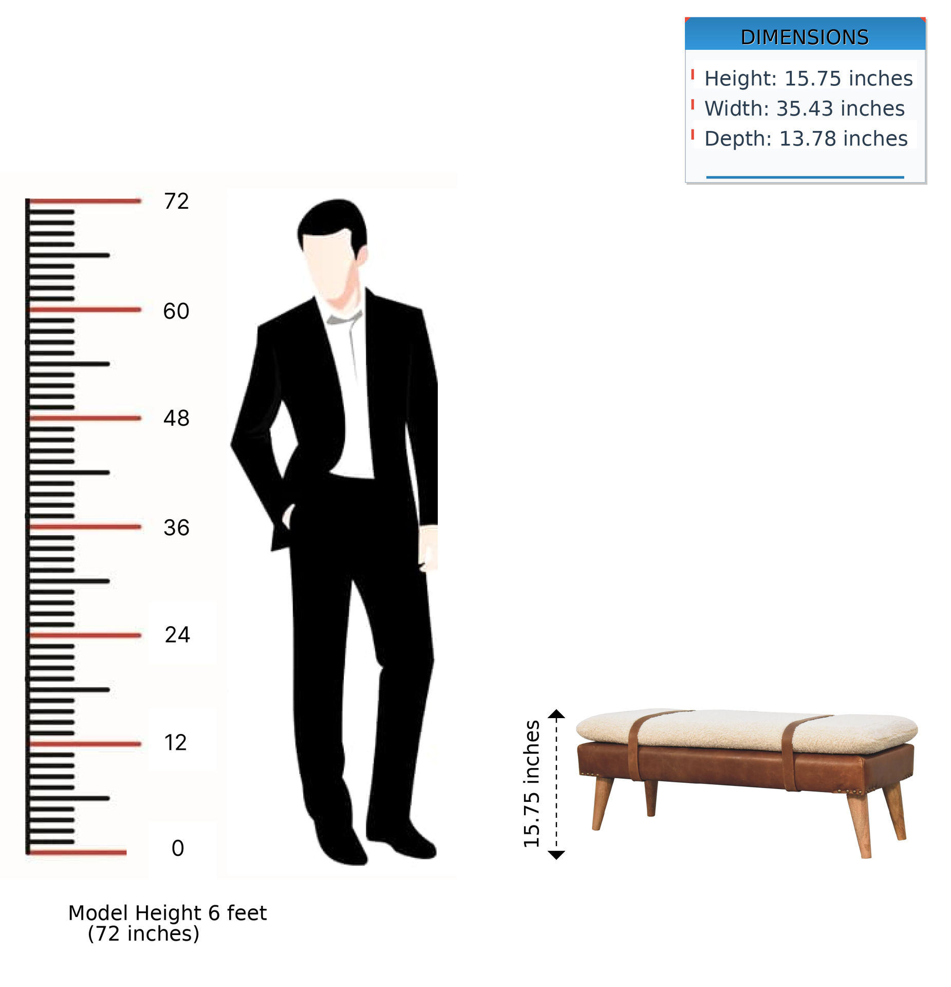 Boucle Buffalo Hide Leather Bench, Chestnut