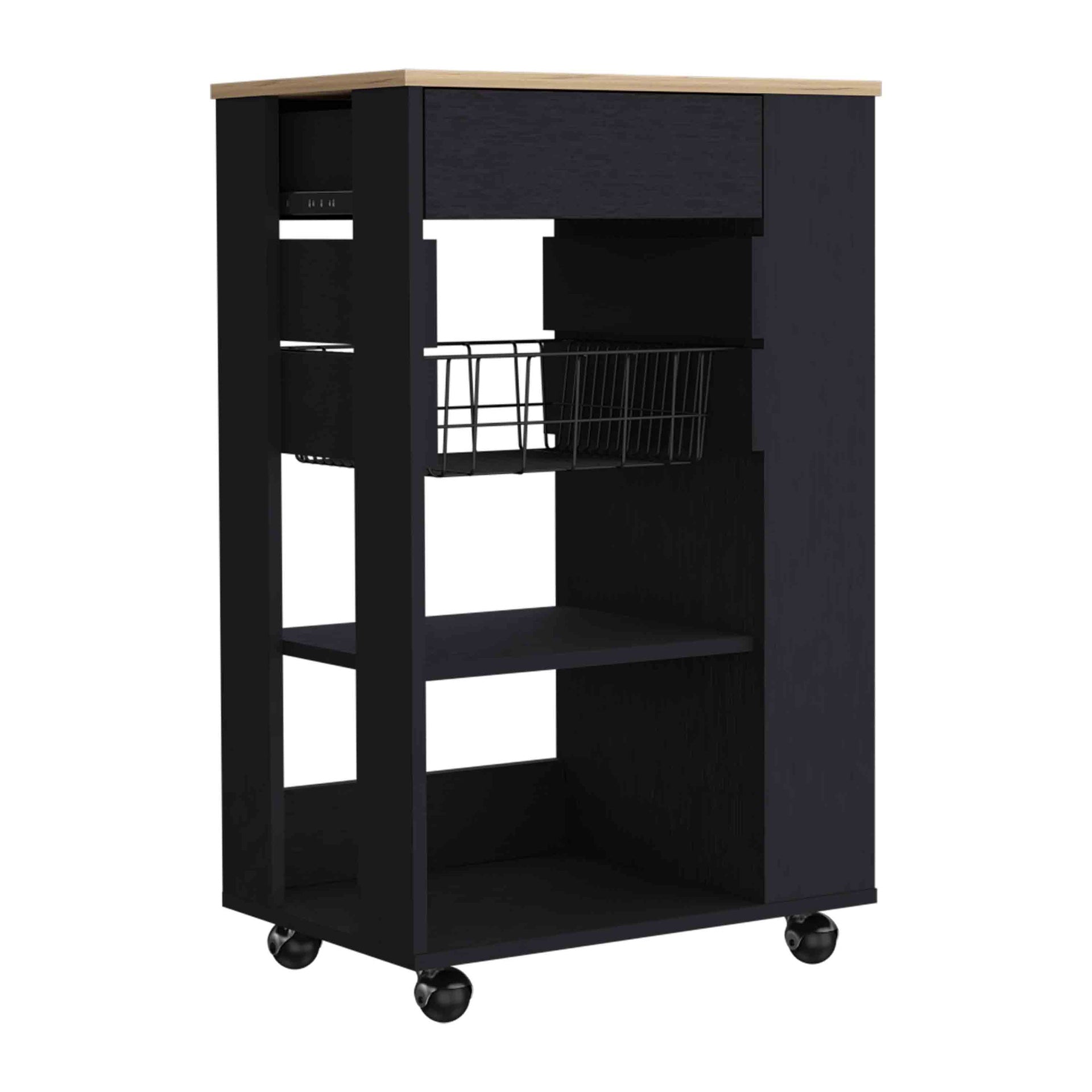Blosson Kitchen Cart,  One Drawer, Two Open Shelves, Four Casters -Black / Light Oak
