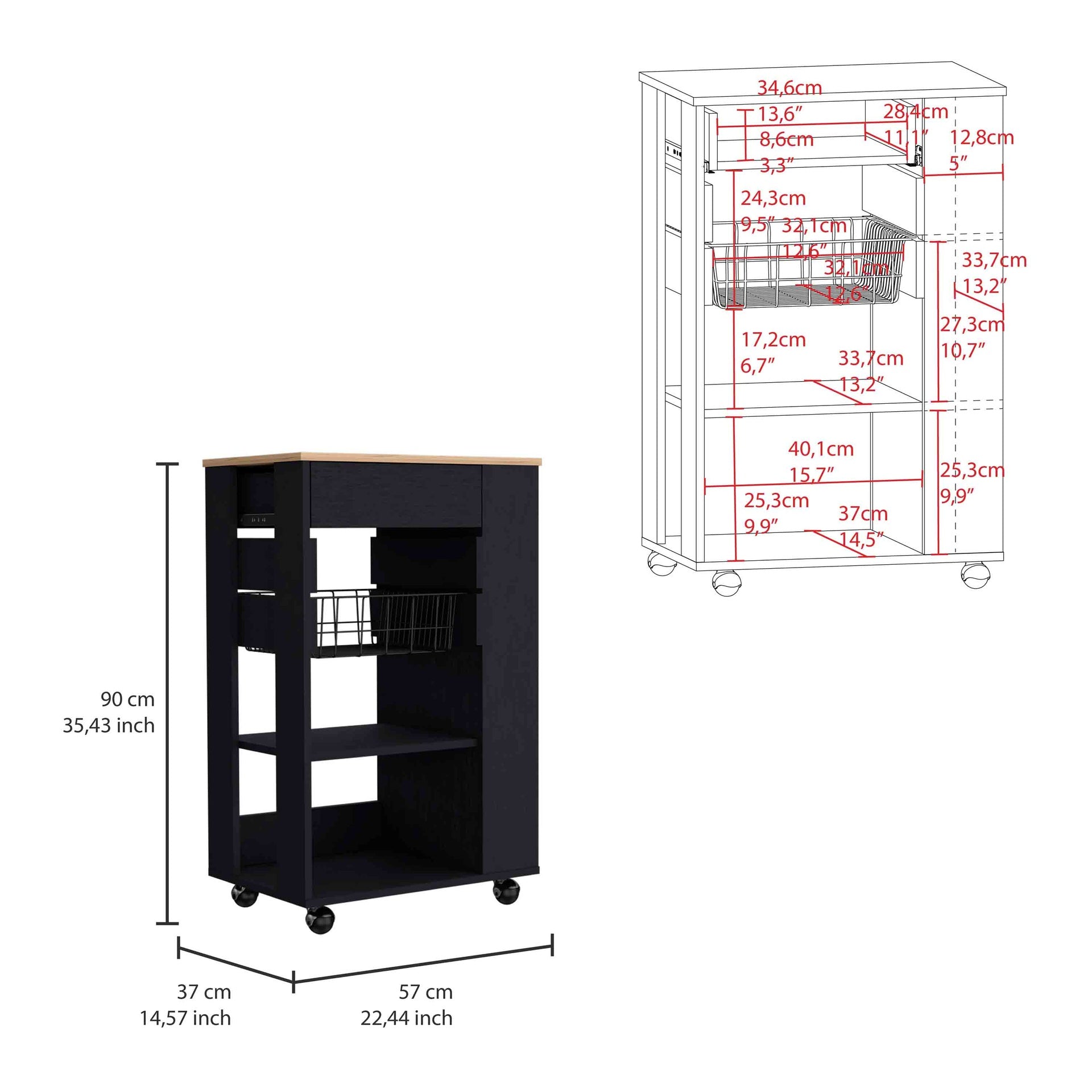 Blosson Kitchen Cart,  One Drawer, Two Open Shelves, Four Casters -Black / Light Oak