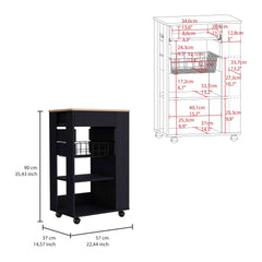 Blosson Kitchen Cart,  One Drawer, Two Open Shelves, Four Casters -Black / Light Oak
