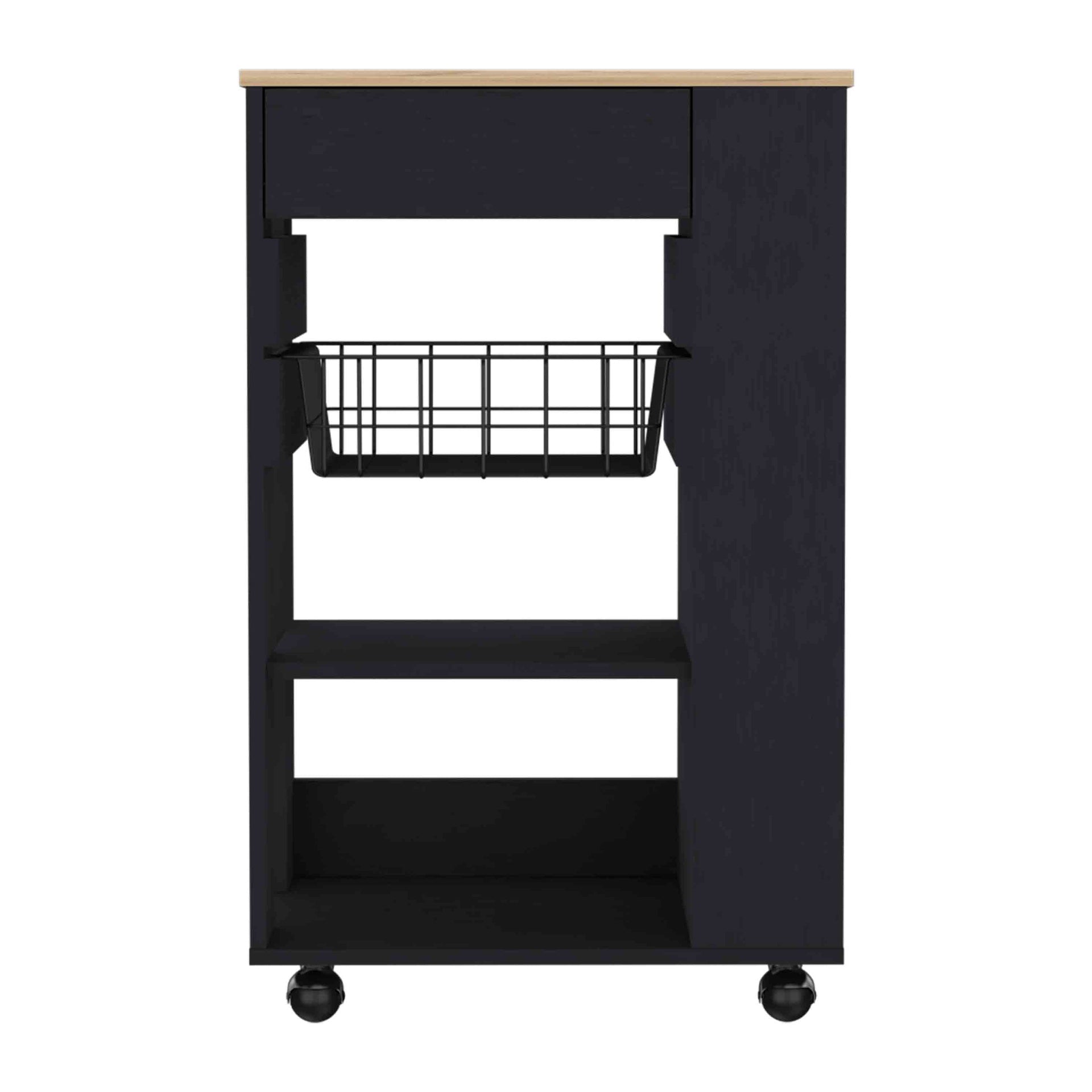 Blosson Kitchen Cart,  One Drawer, Two Open Shelves, Four Casters -Black / Light Oak