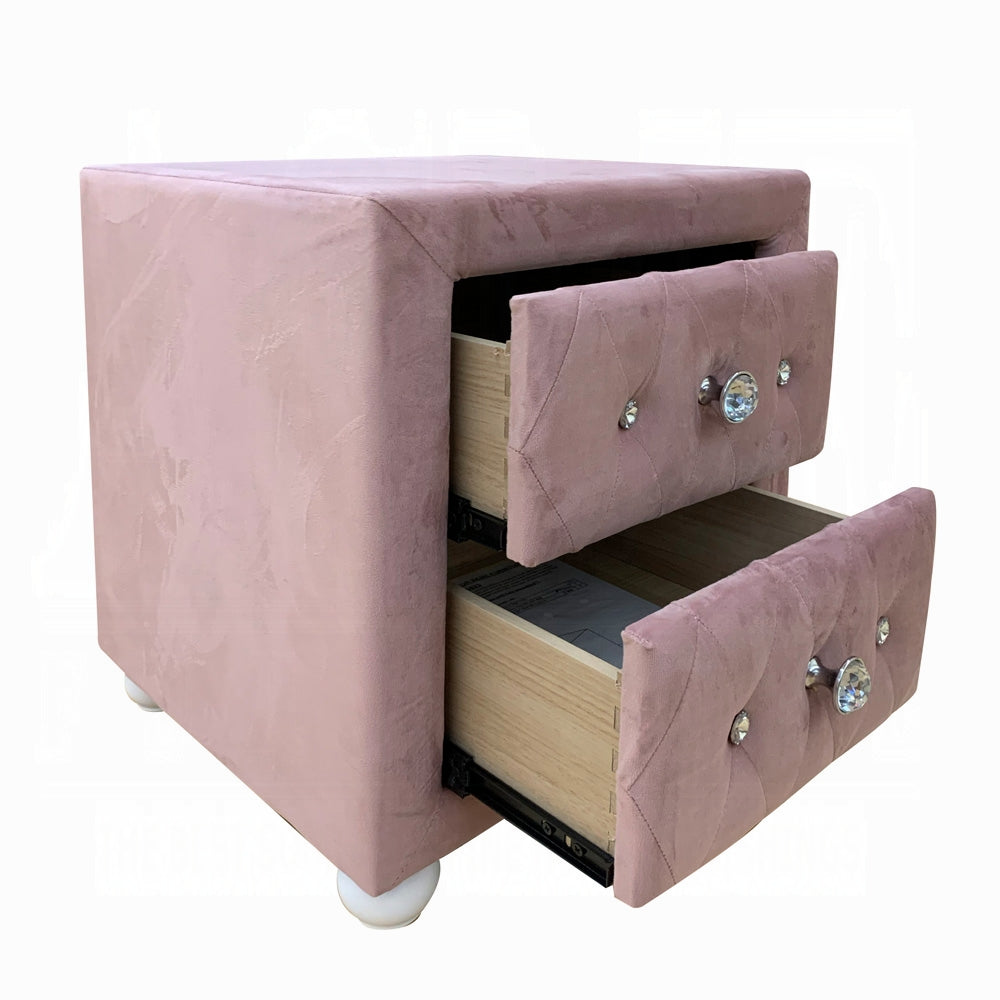 Beautiful Pink Fabric Upholstered Nightstand with Two Storage Drawers Wooden Bedroom Furniture 1pc