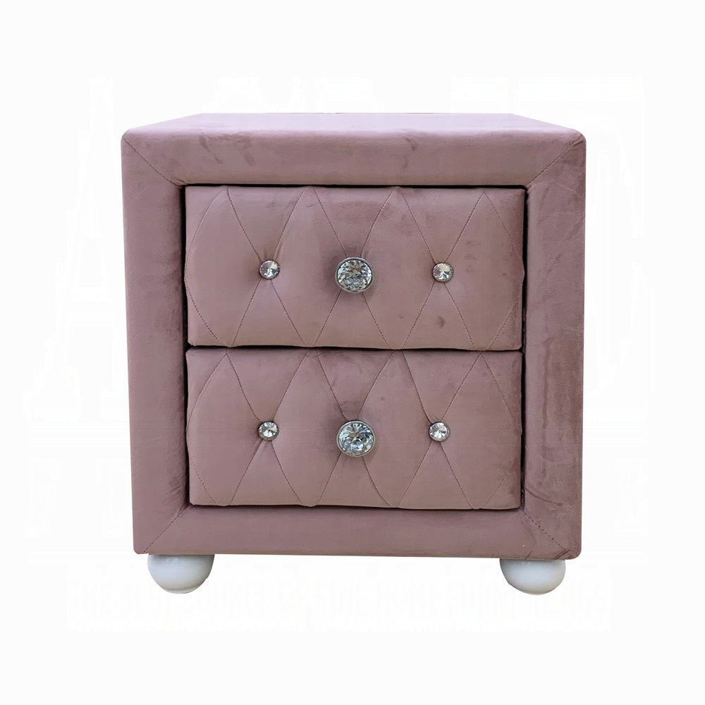 Beautiful Pink Fabric Upholstered Nightstand with Two Storage Drawers Wooden Bedroom Furniture 1pc