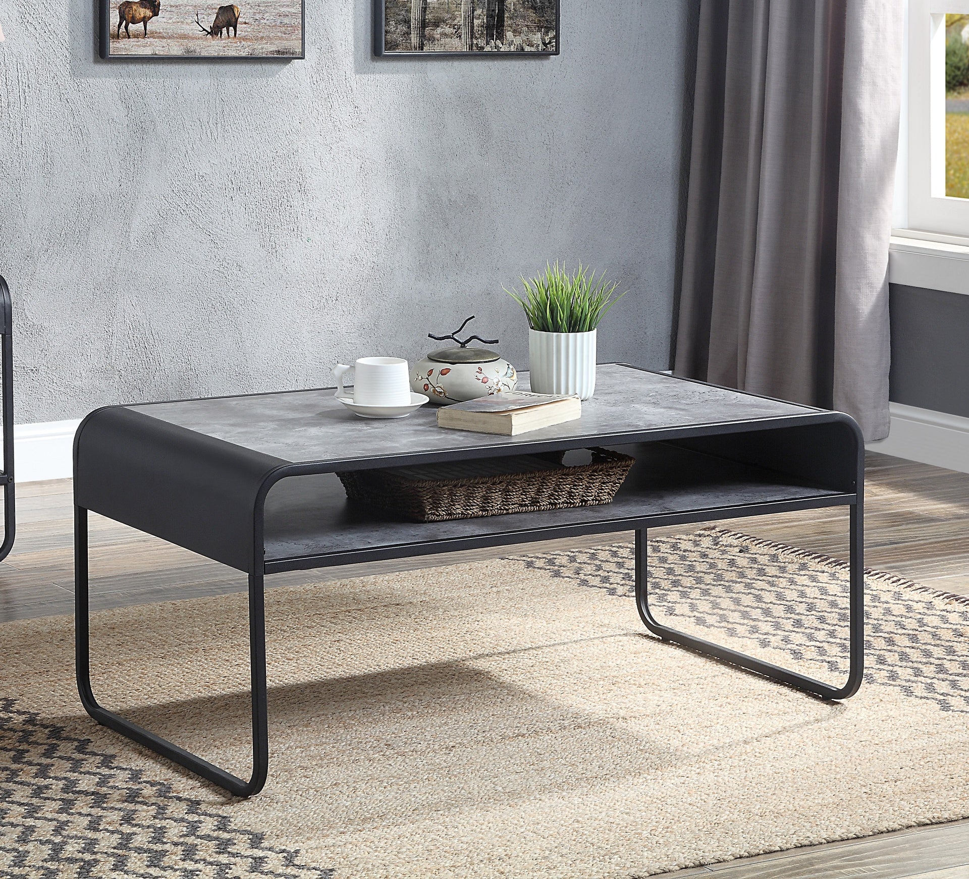 Modern Sleek Design Black Finish Coffee Table with Shelf Metal Frame Concrete Gray Luxury Living Room Furniture 1pc