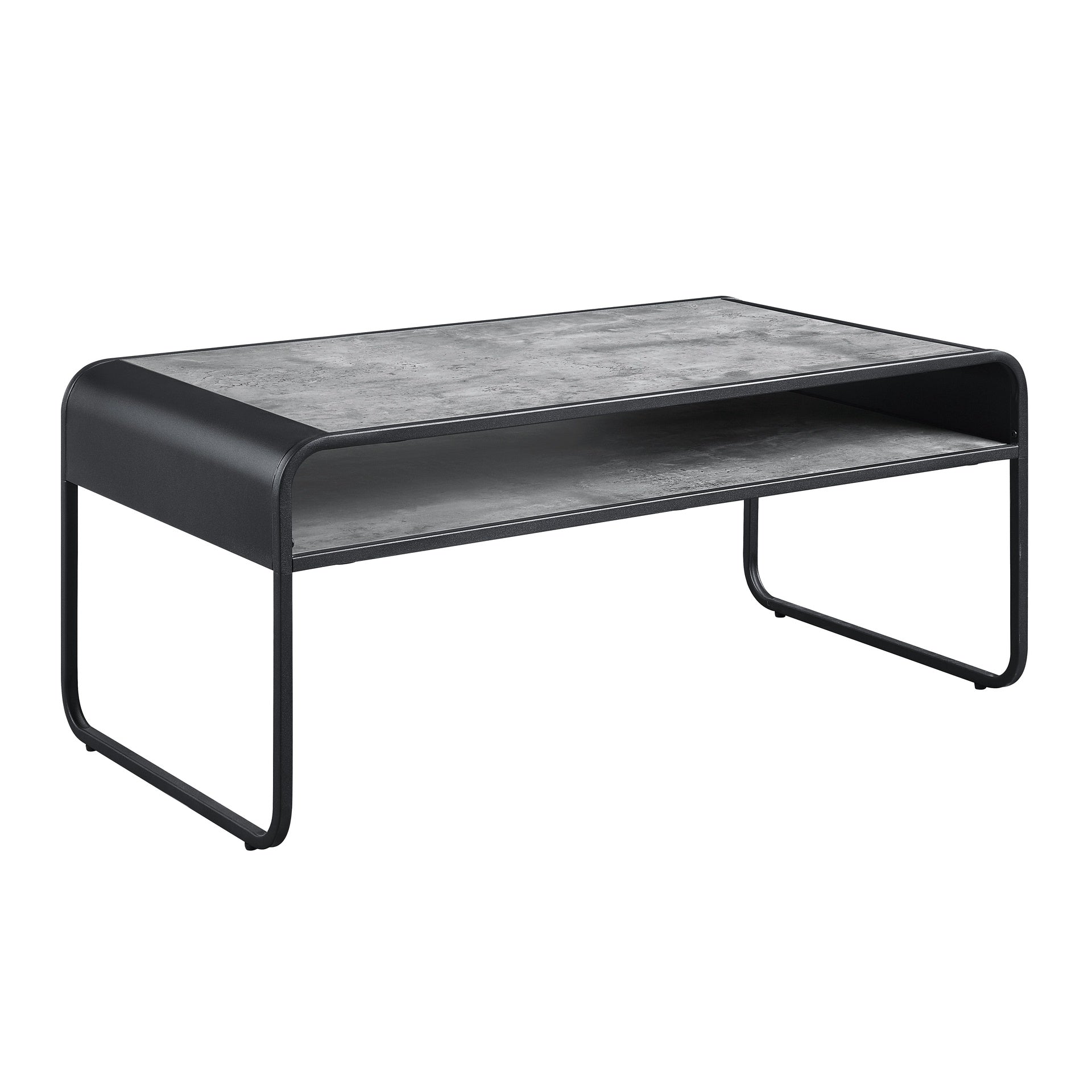 Modern Sleek Design Black Finish Coffee Table with Shelf Metal Frame Concrete Gray Luxury Living Room Furniture 1pc