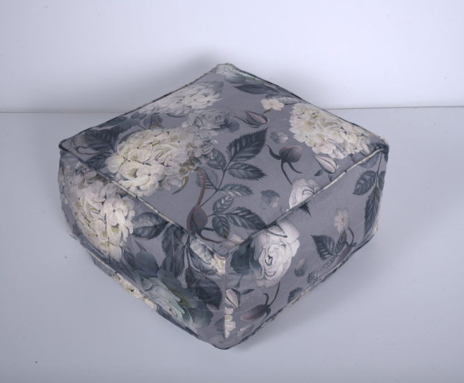 Hazel Large Square Pouf, Flower Print on Gray