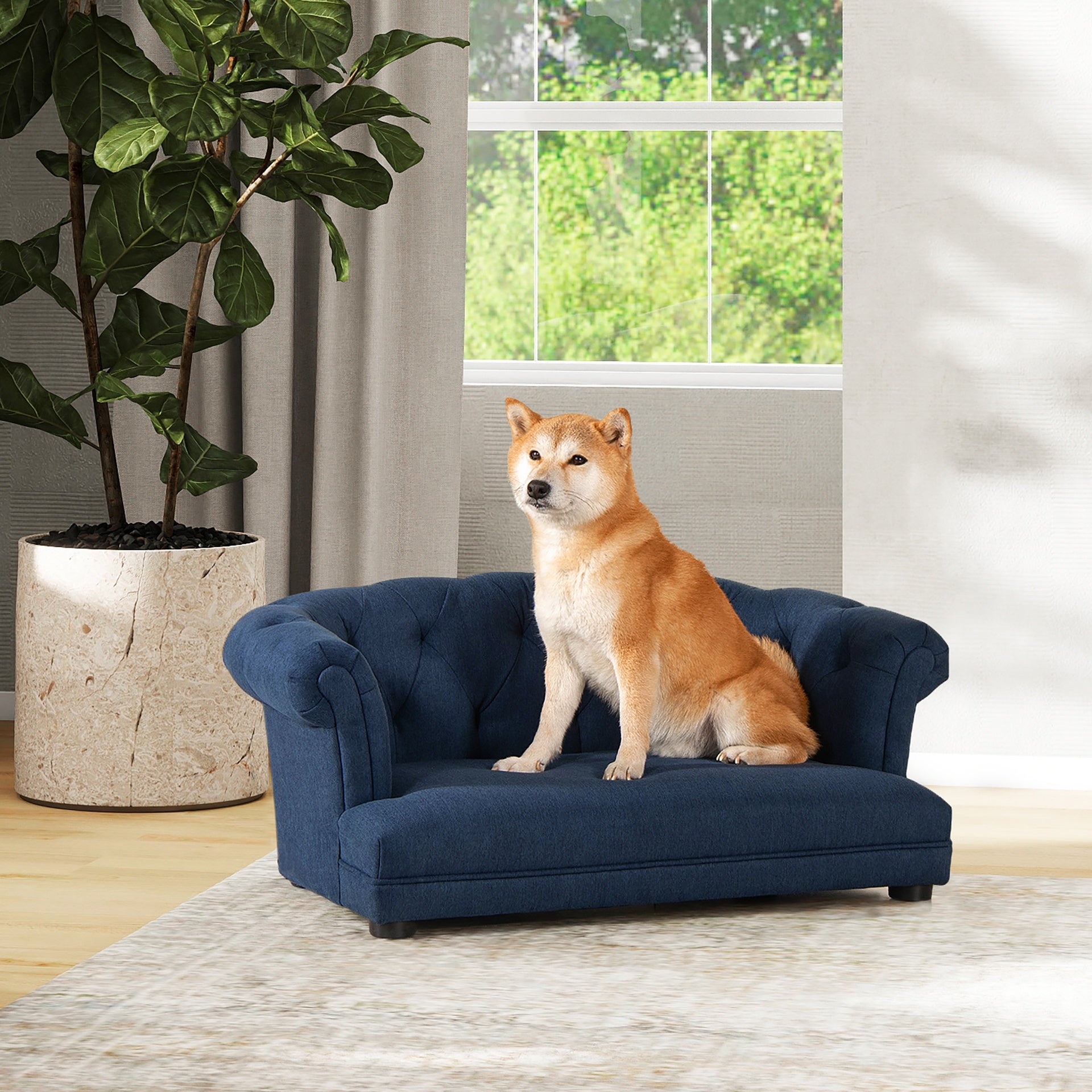 Kiki 36.5" Chesterfield Dog Sofa Bed, Medium, Pacific Blue Stain Resistant High Performance Polyester