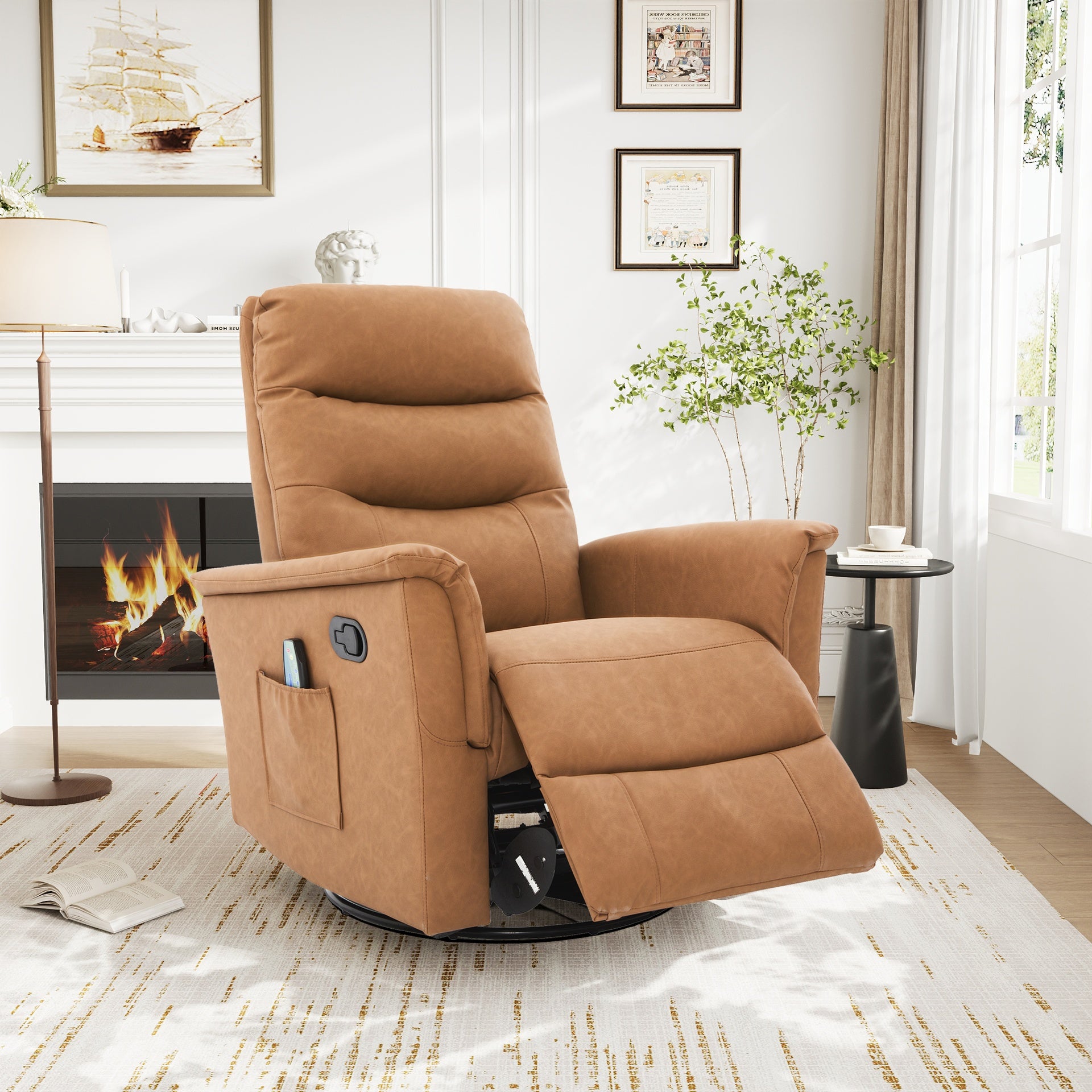 Manual Recliner Chair Rocking and Swivel Recliner Nursery Rocking Recliner Massage Recliner with 8-Point Massage Function and Adjustable Backrest for Living Room, Bedroom and Nursery, Brown