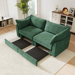 2 Seater Sofa With Pull out Storage Drawers Under Each Seat, Crescent-shaped Armrests And Wraparound , Suitable for Small Living Rooms, Chenille  Green