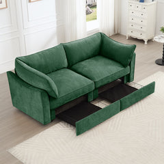 2 Seater Sofa With Pull out Storage Drawers Under Each Seat, Crescent-shaped Armrests And Wraparound , Suitable for Small Living Rooms, Chenille  Green