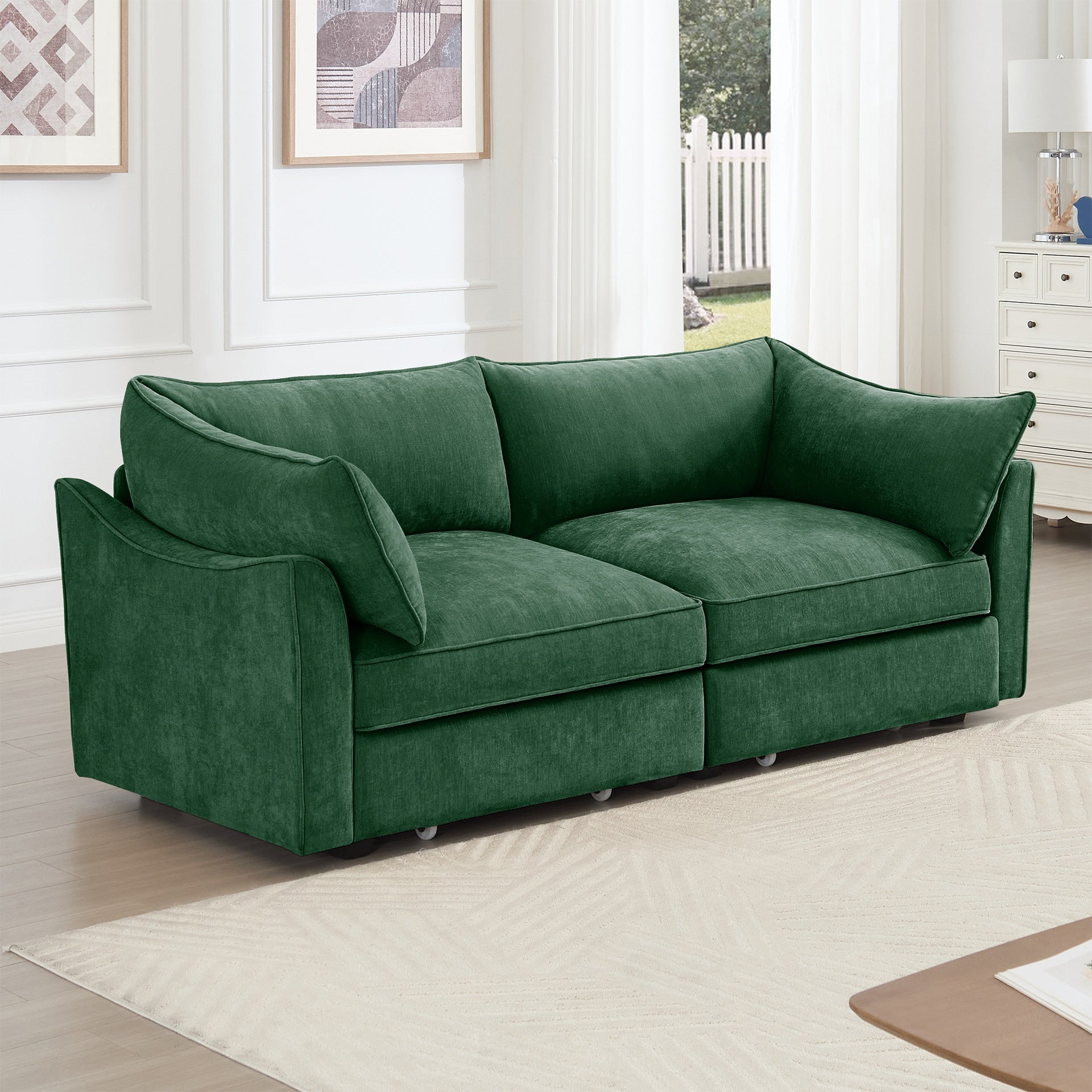 2 Seater Sofa With Pull out Storage Drawers Under Each Seat, Crescent-shaped Armrests And Wraparound , Suitable for Small Living Rooms, Chenille  Green