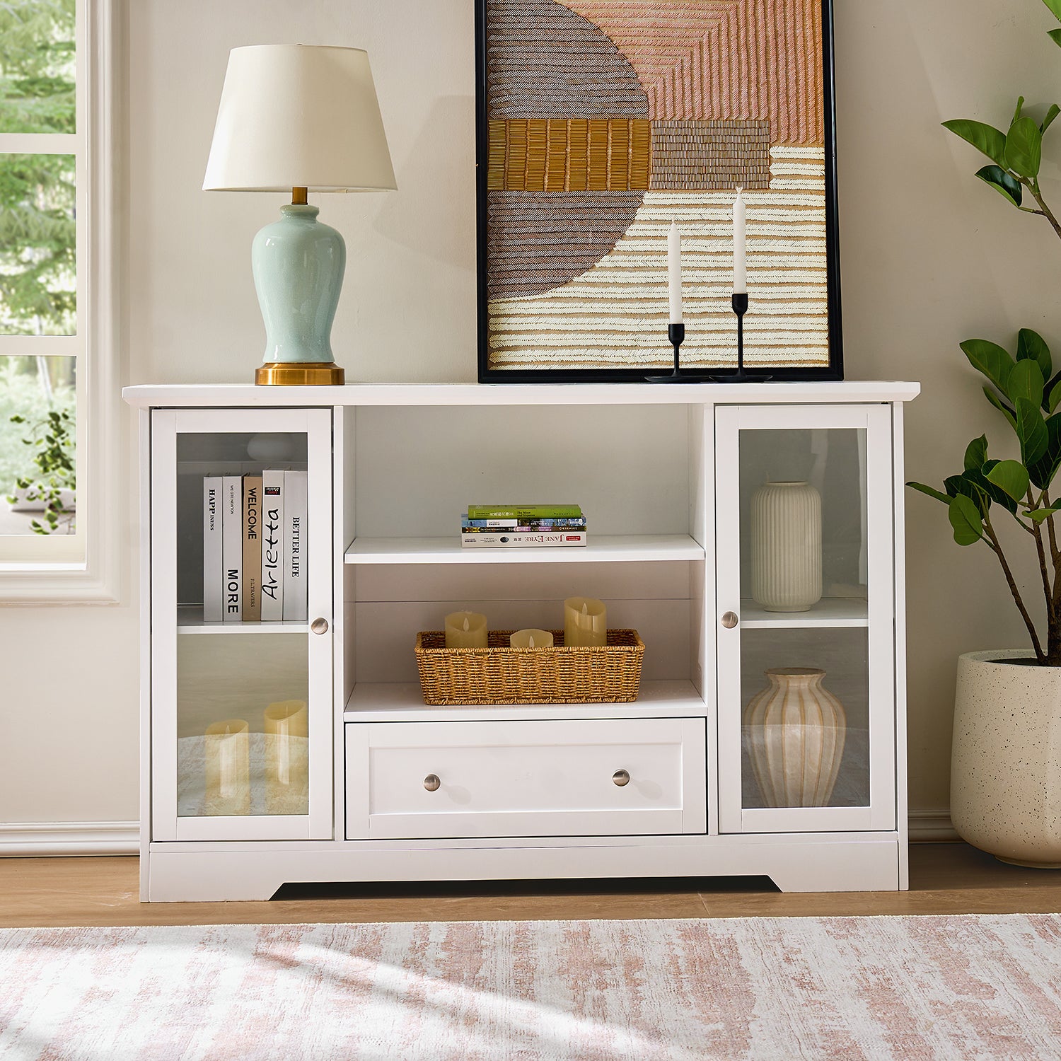 Sideboard Buffet Cabinet, 51" Large Kitchen Storage Cabinet with Drawers, Doors and Adjustable Shelves, Farmhouse Wooden Coffee Bar for Kitchen, White