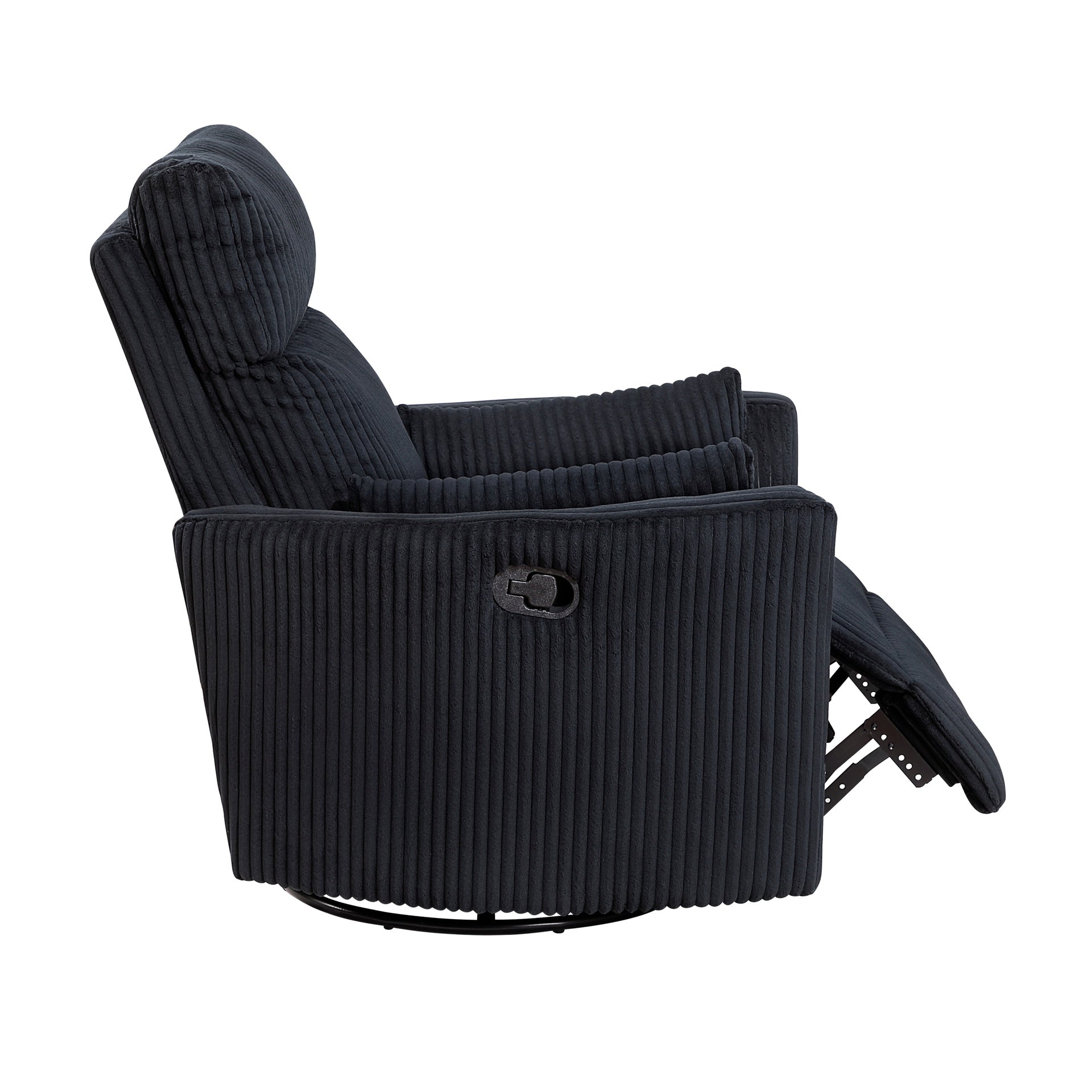 Black Corduroy Fabric Upholstery 1pc Accent Chair Swivel Glider Reclining Motion Solid Wood Living Room Furniture