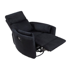 Black Corduroy Fabric Upholstery 1pc Accent Chair Swivel Glider Reclining Motion Solid Wood Living Room Furniture