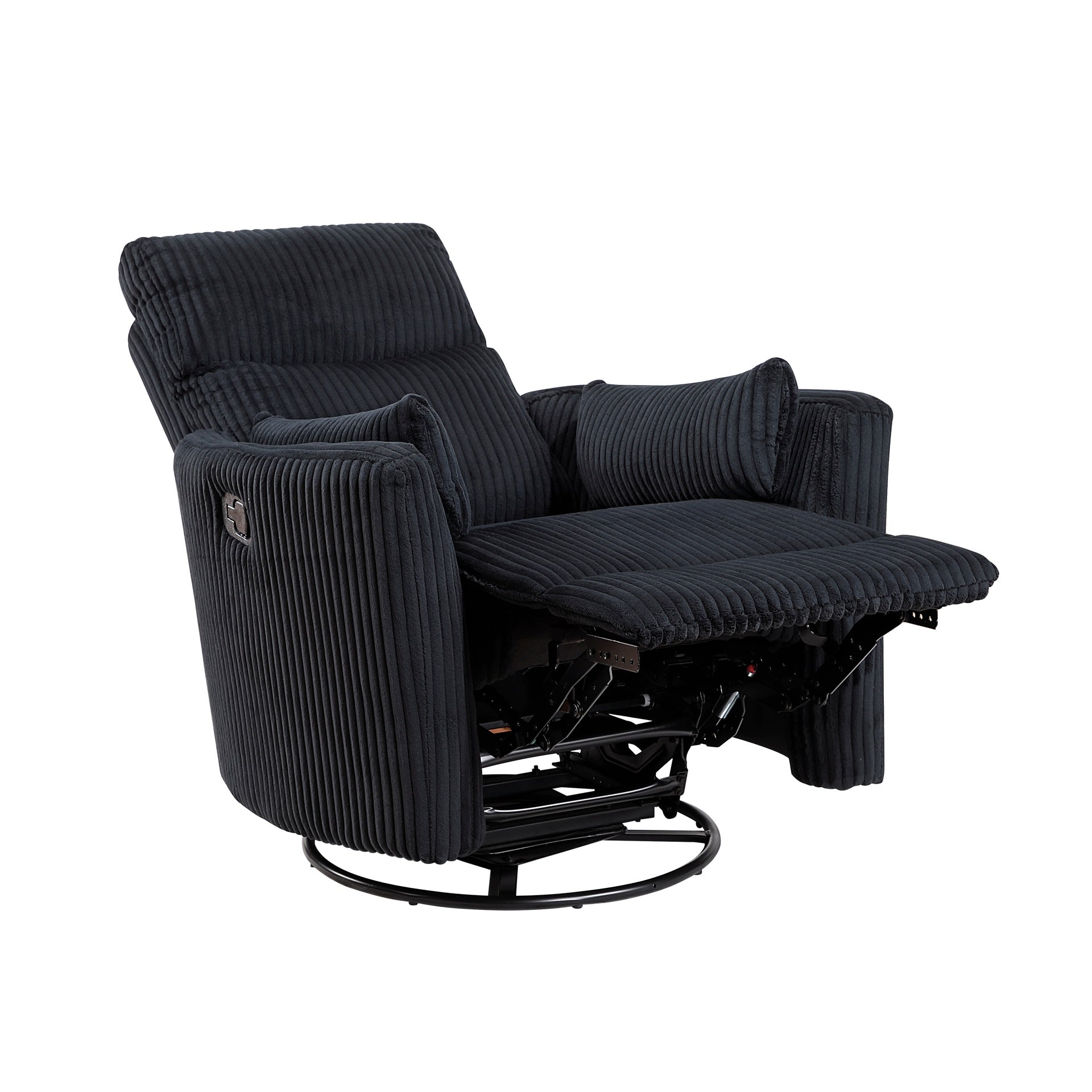 Black Corduroy Fabric Upholstery 1pc Accent Chair Swivel Glider Reclining Motion Solid Wood Living Room Furniture