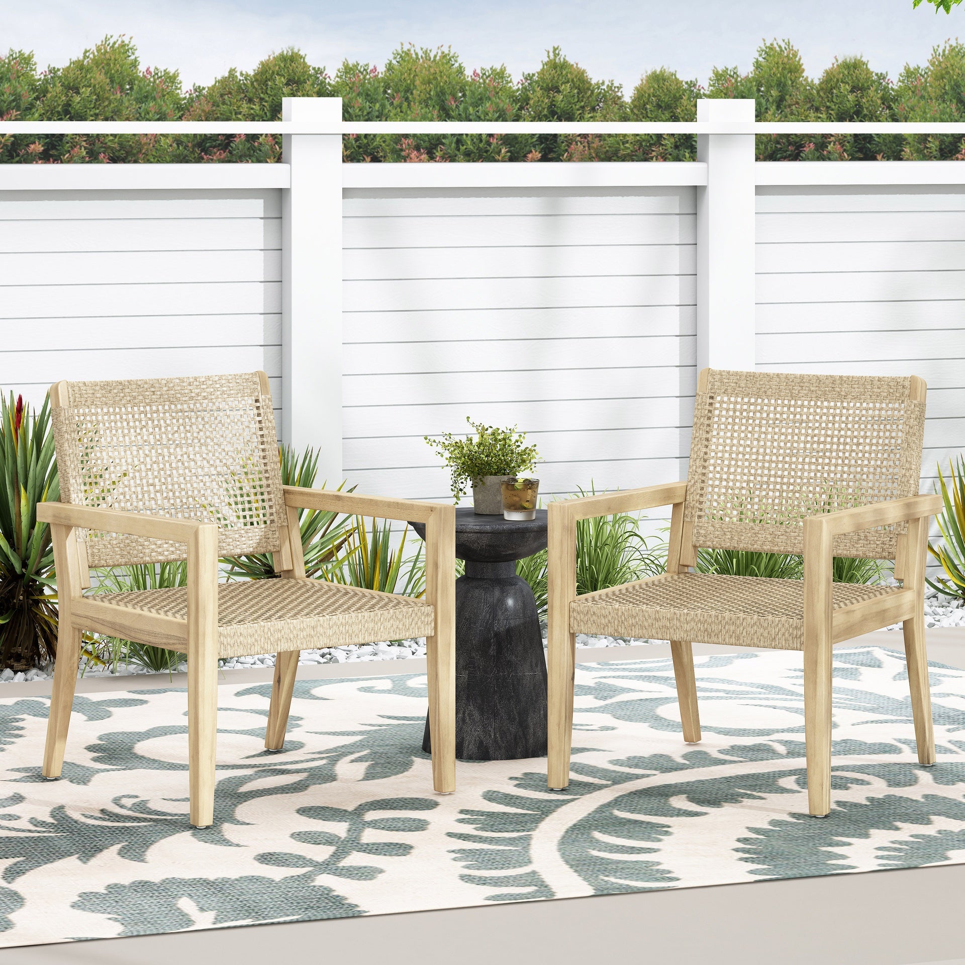 Outdoor Wicker and Acacia Wood Club Chairs, Set of 2, Light Multibrown and Light Brown, 34'' H X 25'' W X 27.25'' D