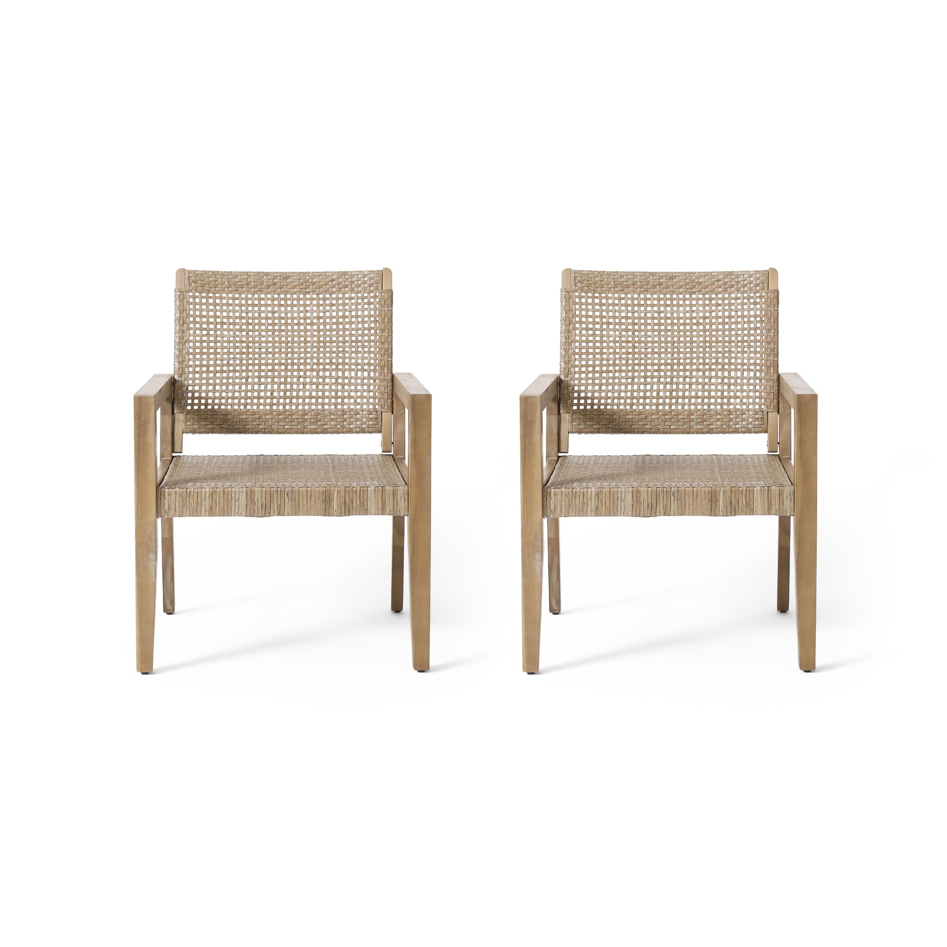 Outdoor Wicker and Acacia Wood Club Chairs, Set of 2, Light Multibrown and Light Brown, 34'' H X 25'' W X 27.25'' D