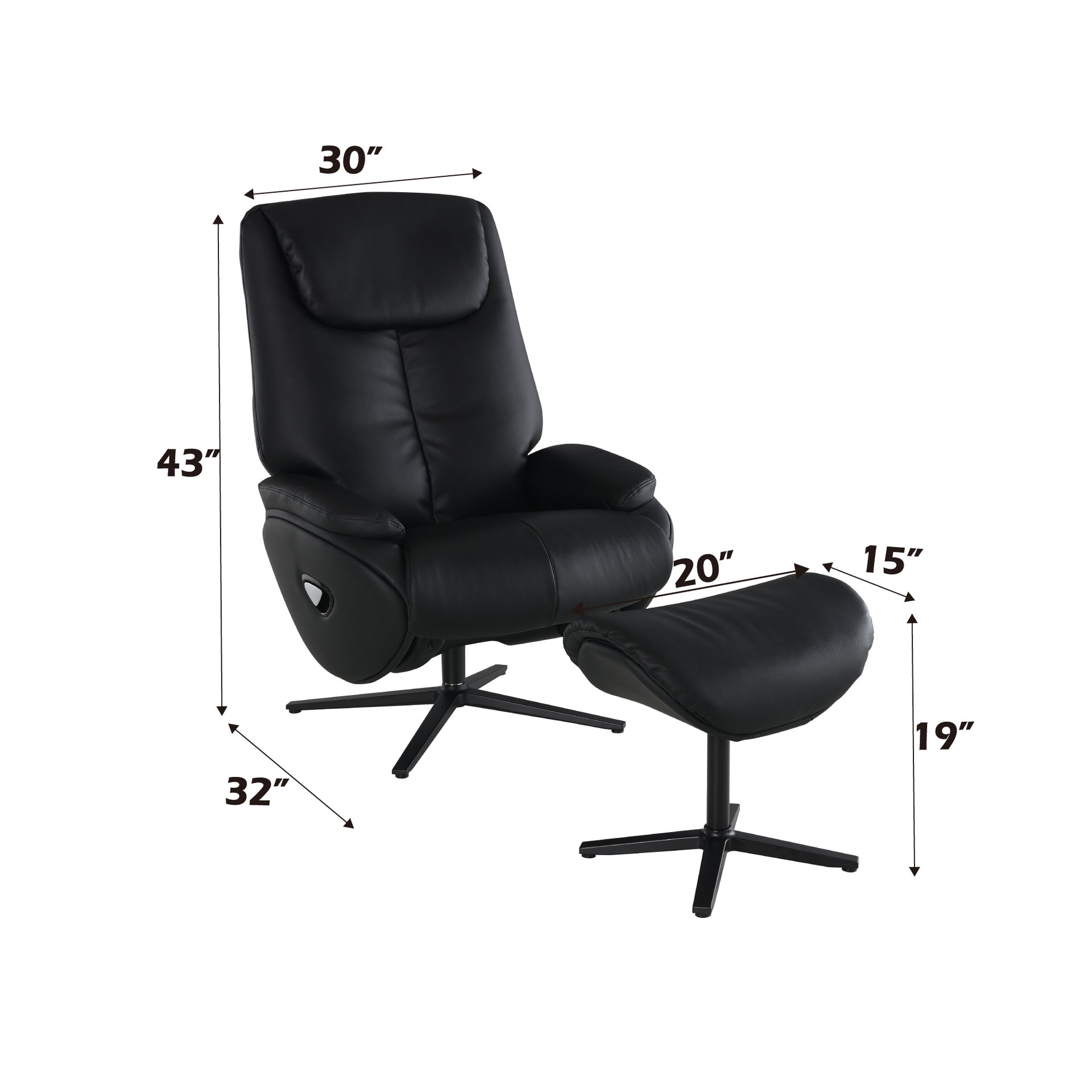 Labotina Black Top Grain Leather Accent Chair with Swivel & Ottoman