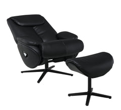 Labotina Black Top Grain Leather Accent Chair with Swivel & Ottoman