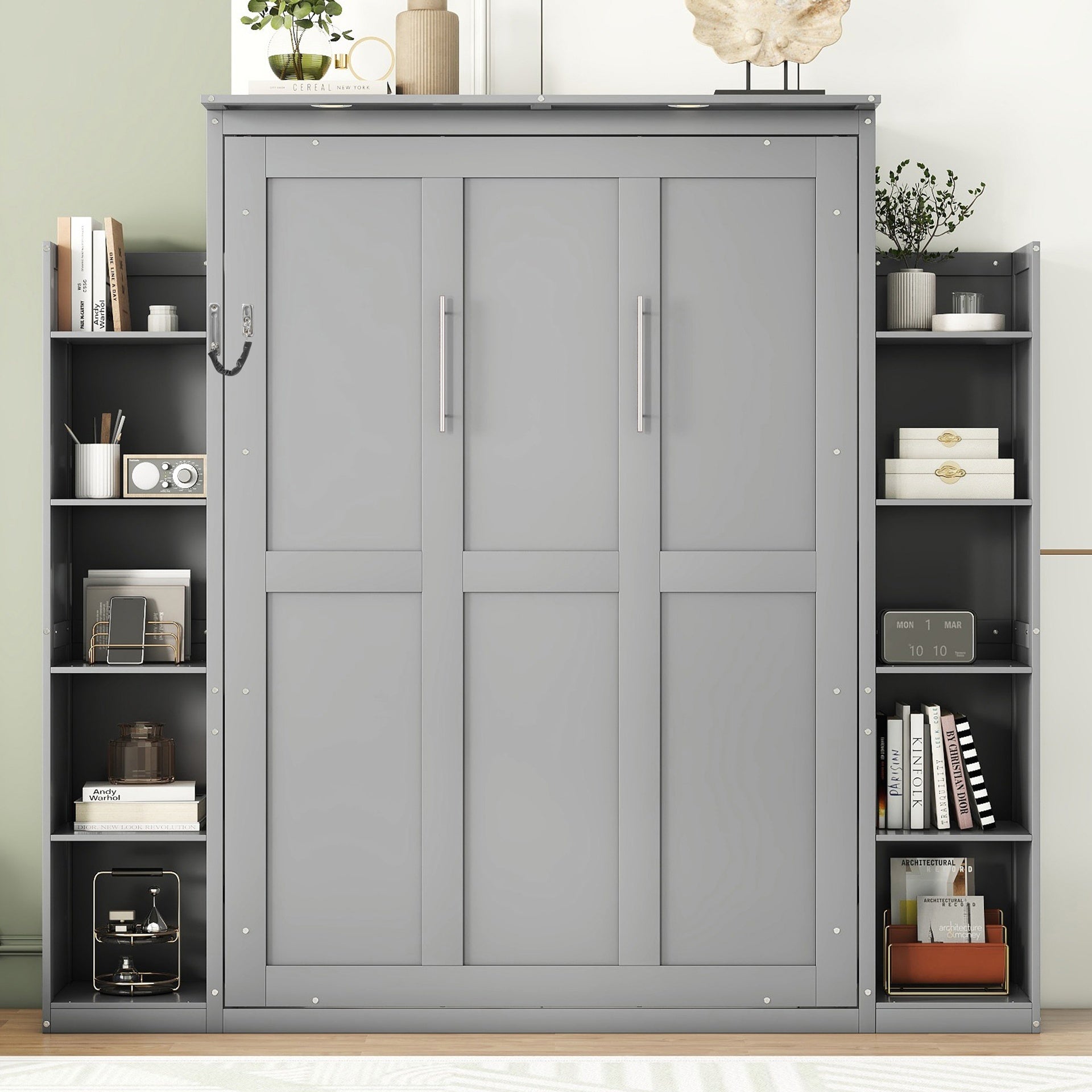 Full Size Murphy Bed Wall Bed with Shelves and LED Lights,Gray