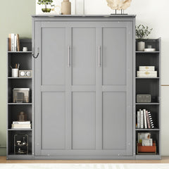 Full Size Murphy Bed Wall Bed with Shelves and LED Lights,Gray