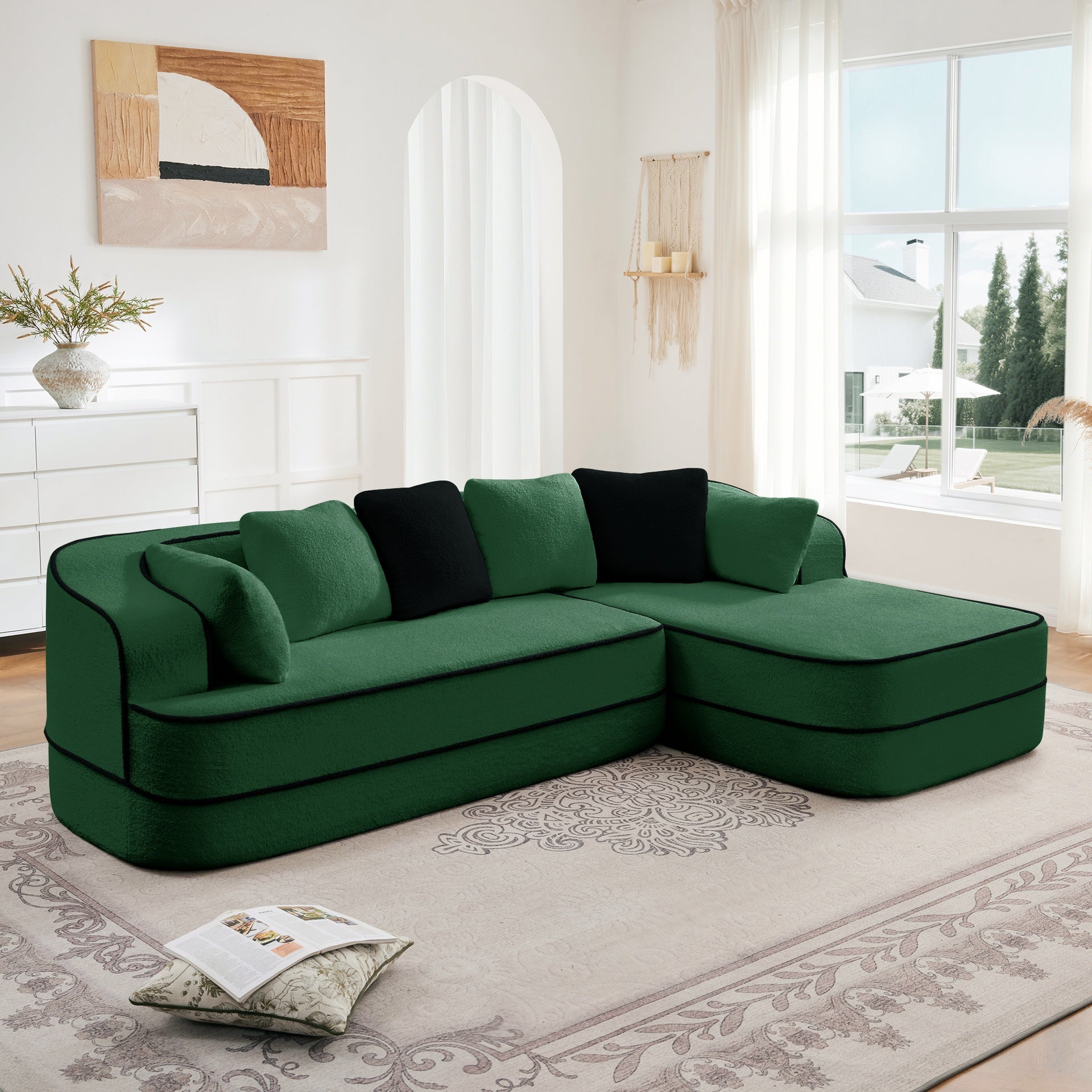 106" Teddy Fabric No Assembly 32D Boneless Sofa,Contrast color design,Fluffy Comfy Couch with L-Shaped Chaise,for Living Room,Green