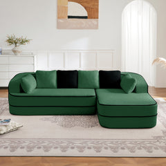 106" Teddy Fabric No Assembly 32D Boneless Sofa,Contrast color design,Fluffy Comfy Couch with L-Shaped Chaise,for Living Room,Green