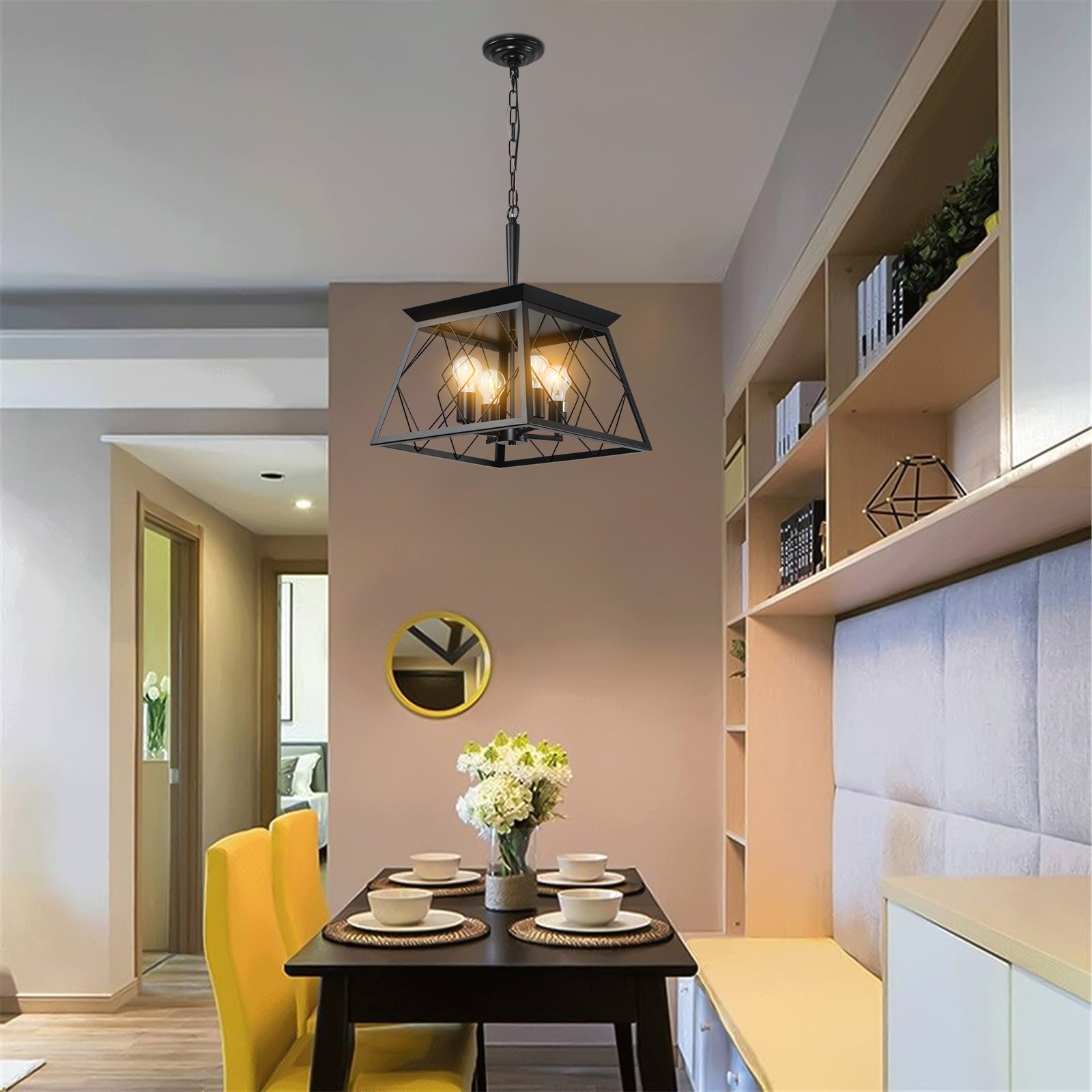 16" Black Industrial 4-Light Pendant Chandelier, Modern Metal Cage Design, Adjustable Hanging Light for Dining Room, Kitchen, Living Room (No Bulbs)