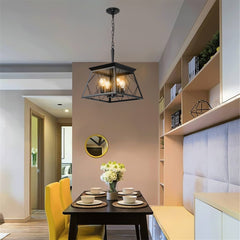 16" Black Industrial 4-Light Pendant Chandelier, Modern Metal Cage Design, Adjustable Hanging Light for Dining Room, Kitchen, Living Room (No Bulbs)
