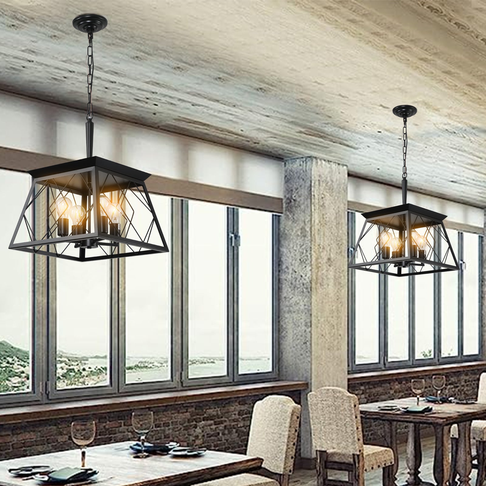 16" Black Industrial 4-Light Pendant Chandelier, Modern Metal Cage Design, Adjustable Hanging Light for Dining Room, Kitchen, Living Room (No Bulbs)